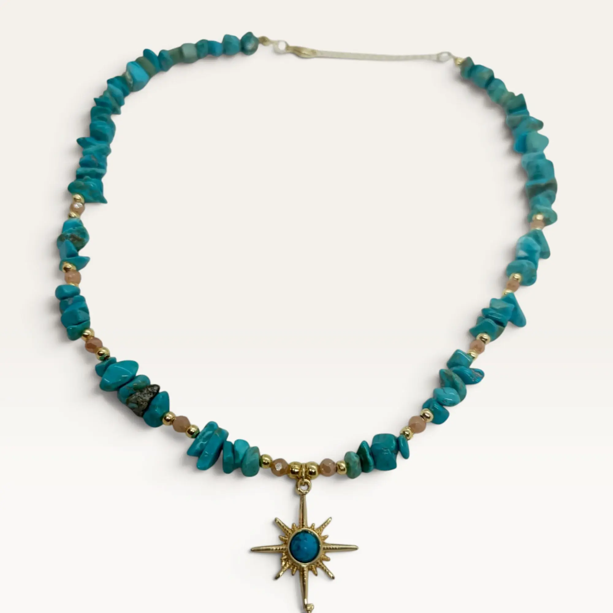 Turquoise Chip Necklace with Gold-Plated North Star Pendant