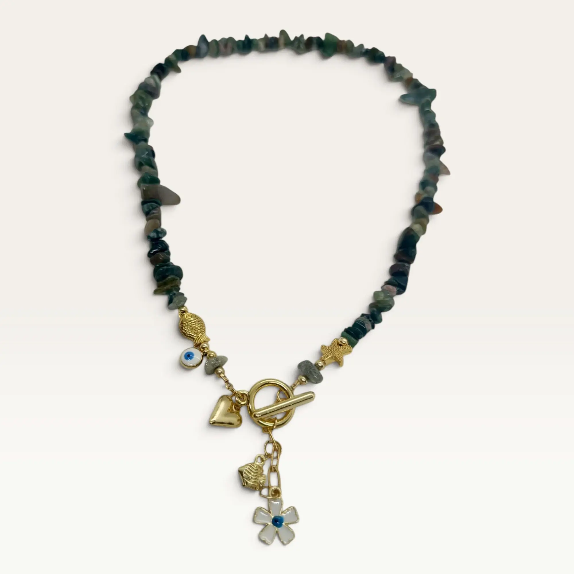 Olive Agate Necklace with Front Clasp & Gold-Plated Charms