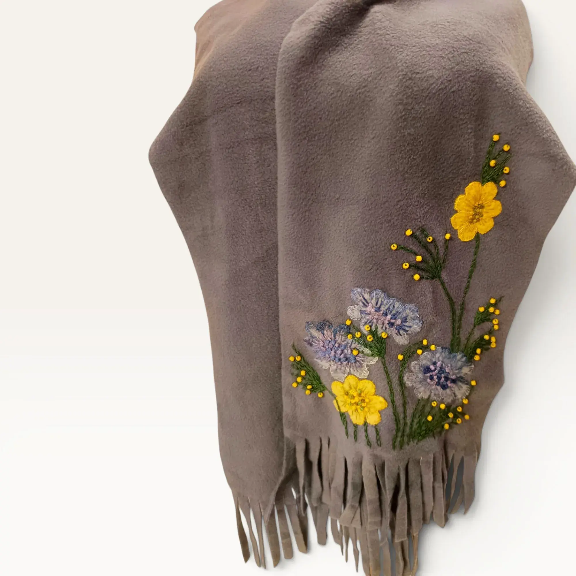 Mohair Scarf with Brazilian Embroidery & Wool Felt Flowers
