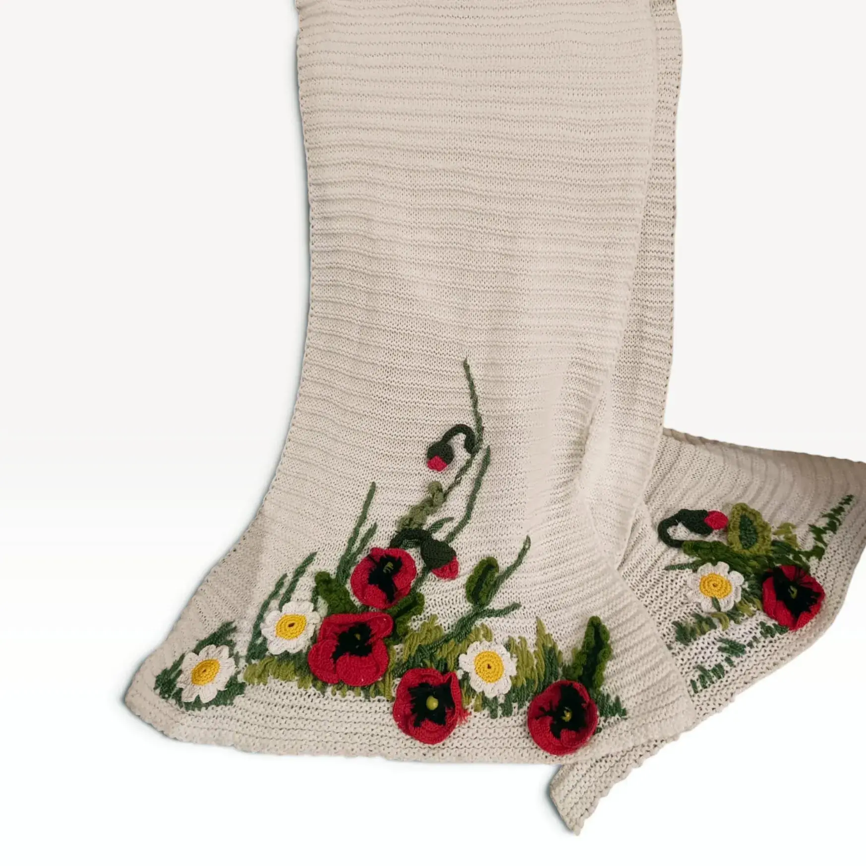 Wool Scarf with Handmade Crochet Anemones & Daisies