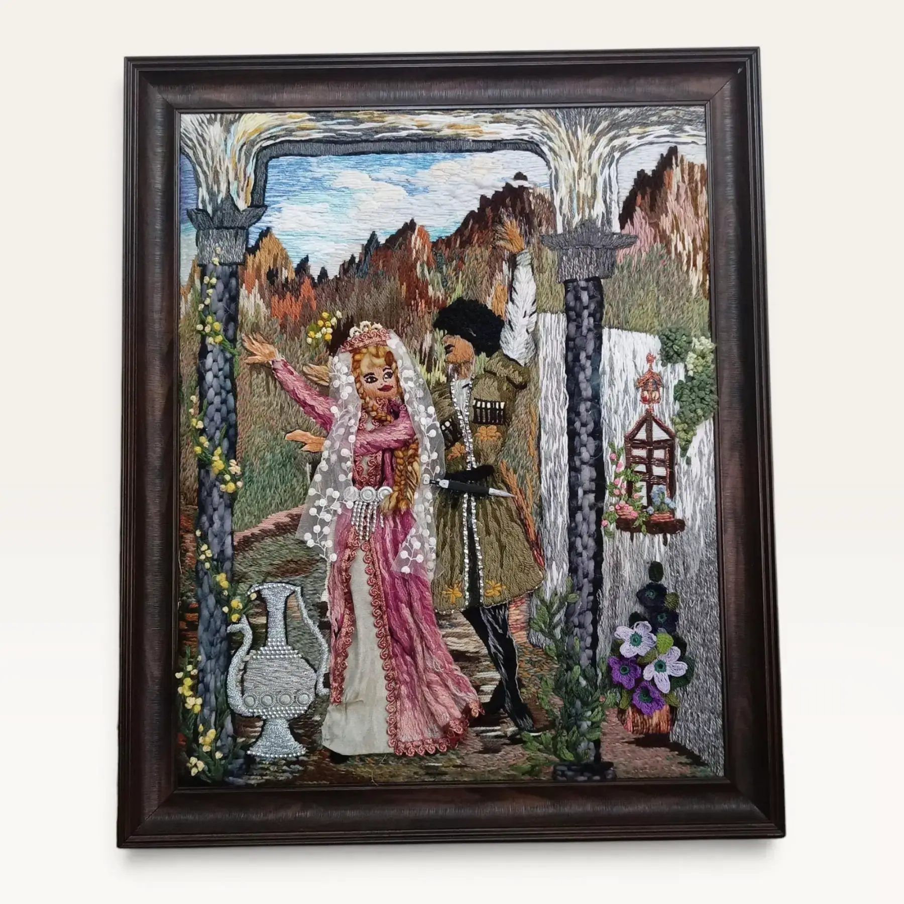 3D Circassian Embroidery Wall Art – Couple Under Stone Arches