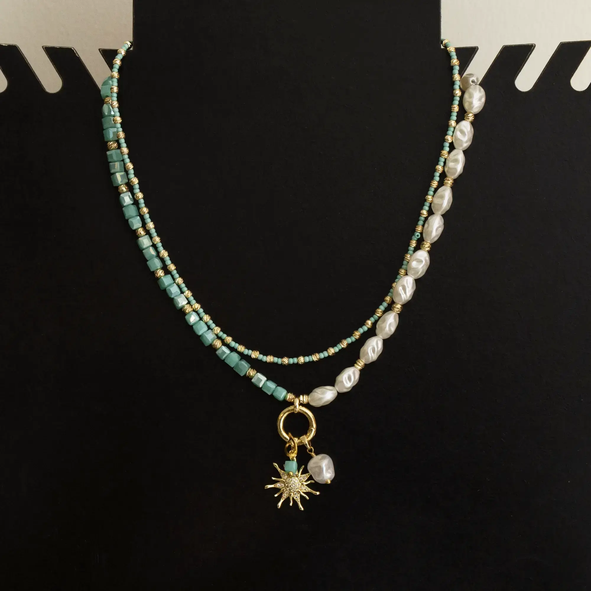 Handcrafted Layered Pearl Crystal Sun-Charm Necklace