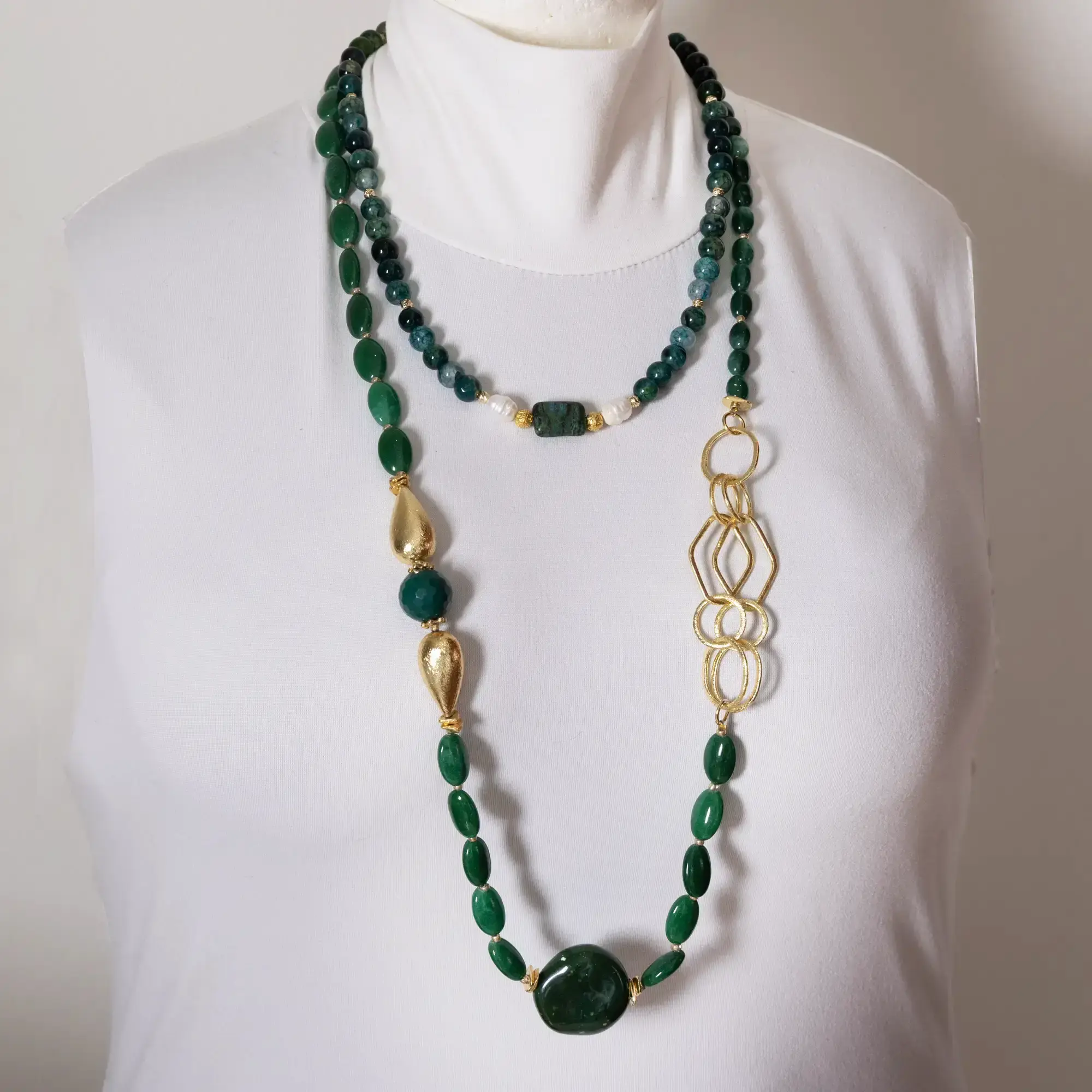 Jade and Agate Double Necklace Set with Ceramic Details