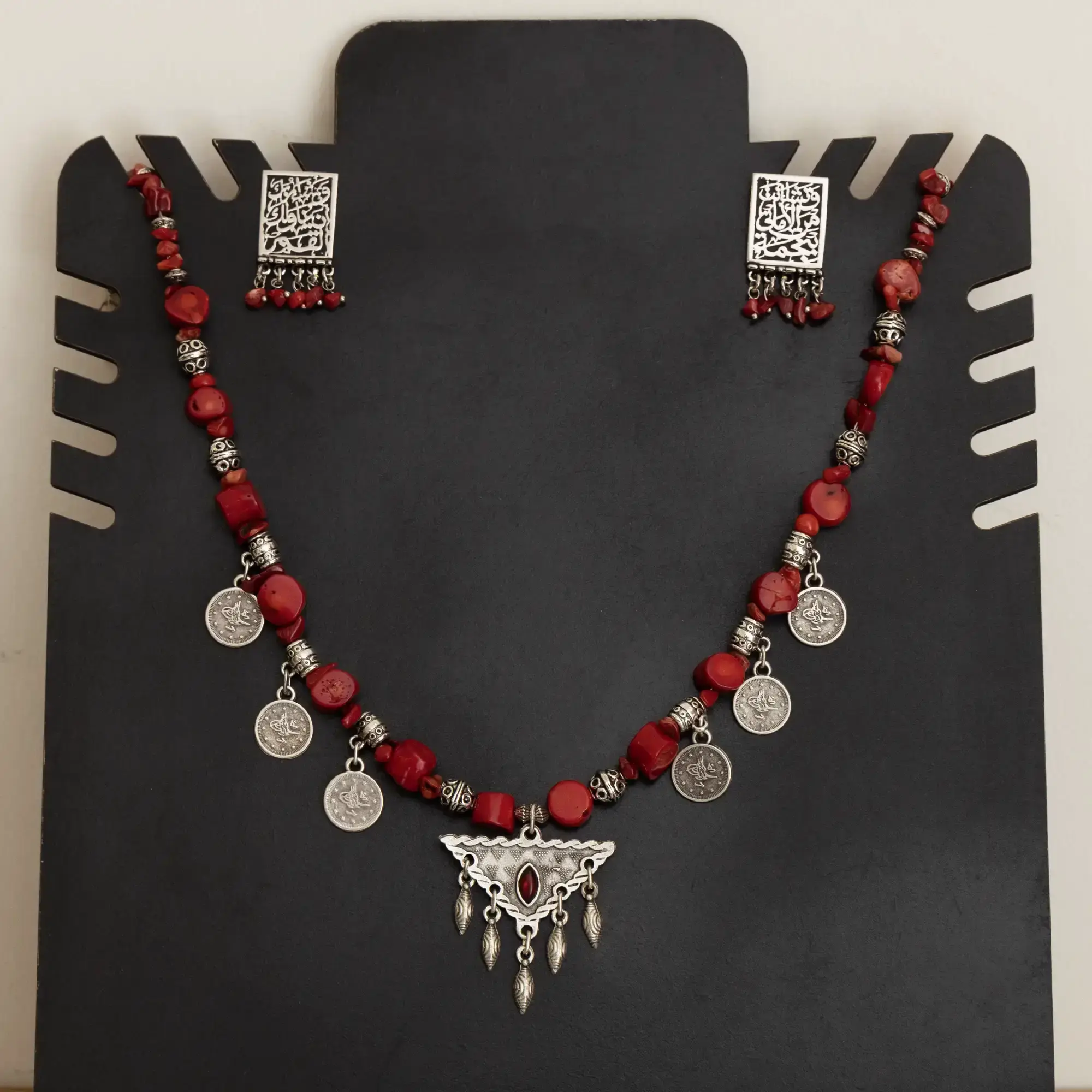 Handcrafted Red Bamboo Coral Necklace & Earrings