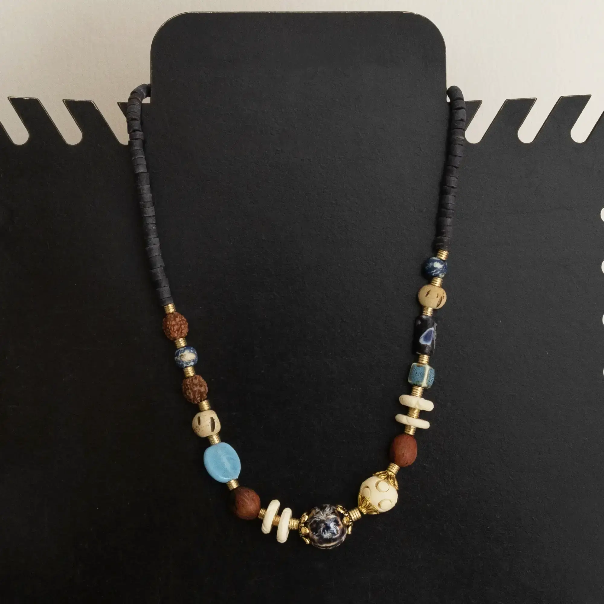Bohemian Necklace with ceramic beads & bone beads