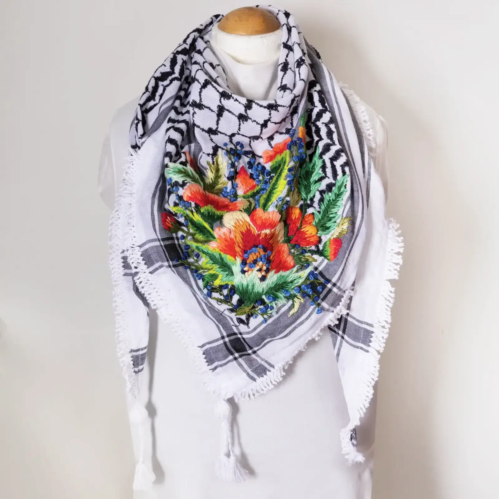 Colorful Floral Embroidered Keffiyeh Scarf with Turkish-Stitch Embroidery