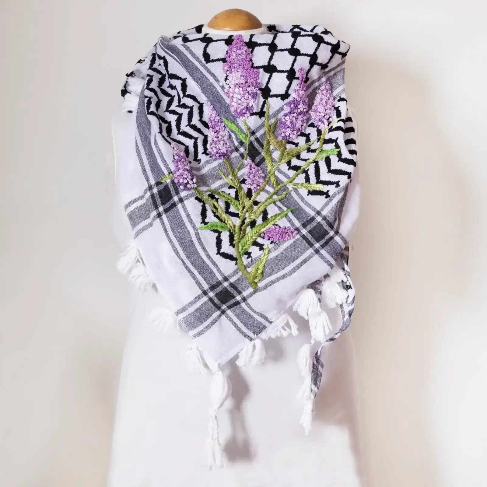 Lavender Flower Embroidered Keffiyeh Scarf with Brazilian Embroidery