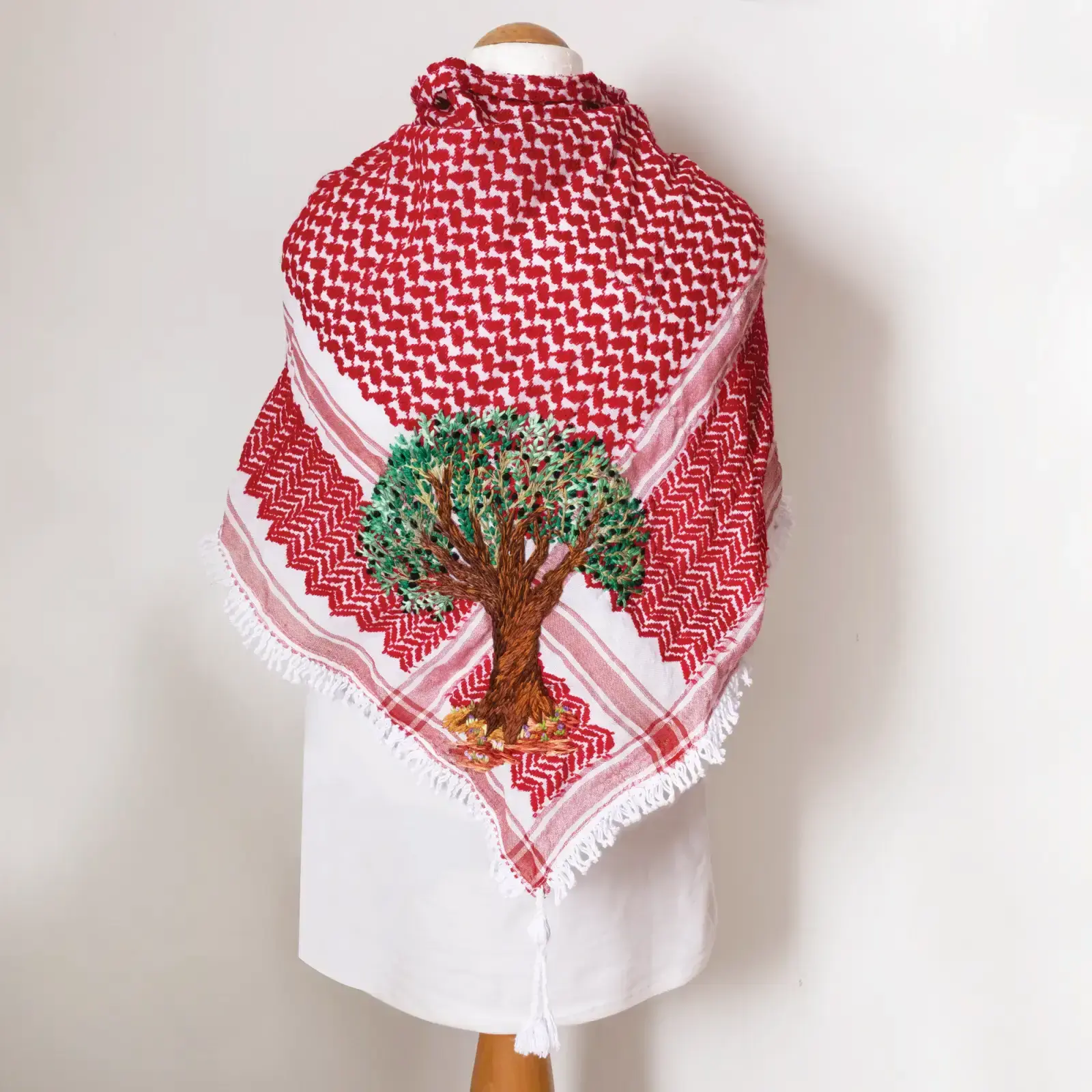 Olive Tree Embroidered Keffiyeh Scarf with Turkish-Stitch Embroidery