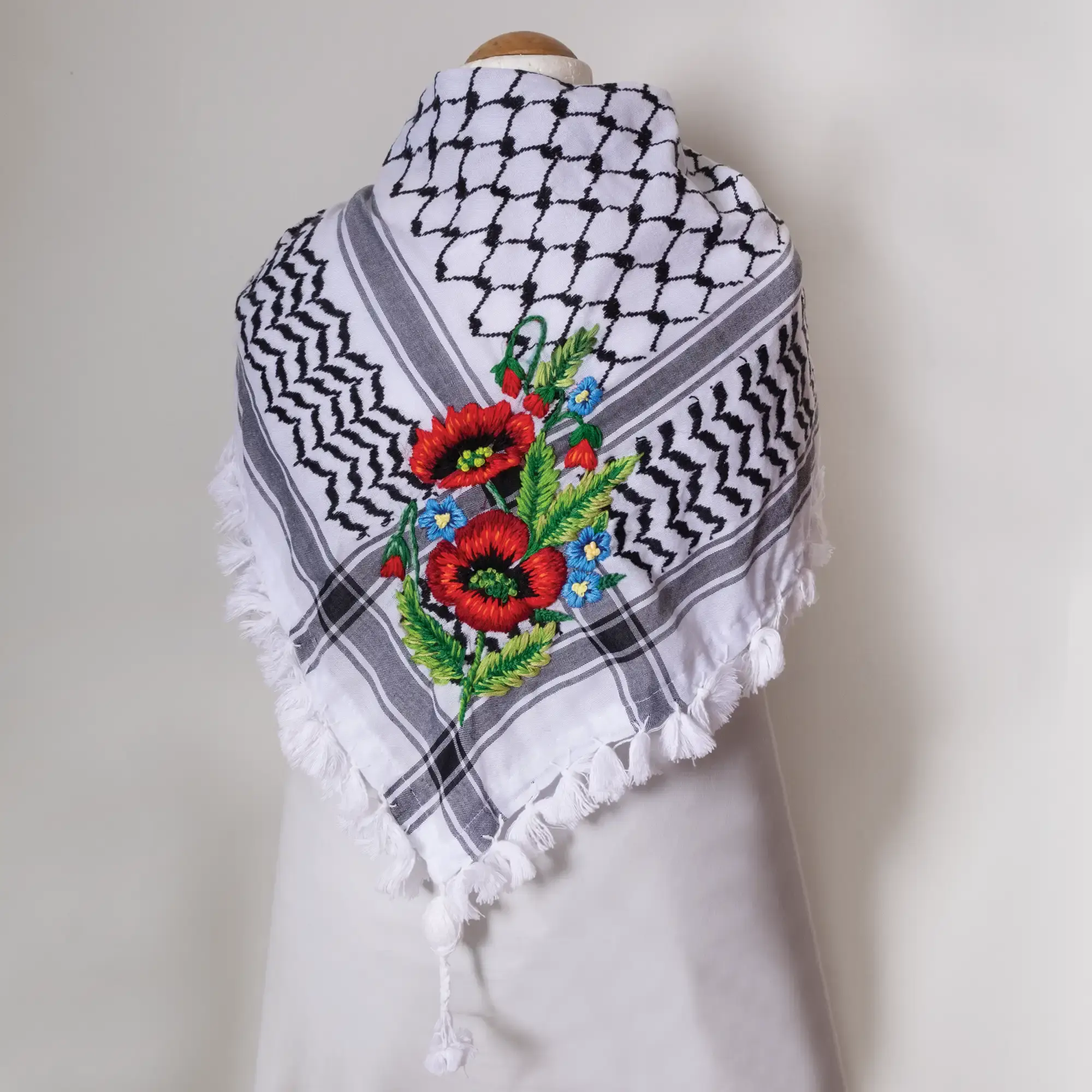 Red Poppy Embroidered Keffiyeh Scarf with Turkish-Stitch Embroidery