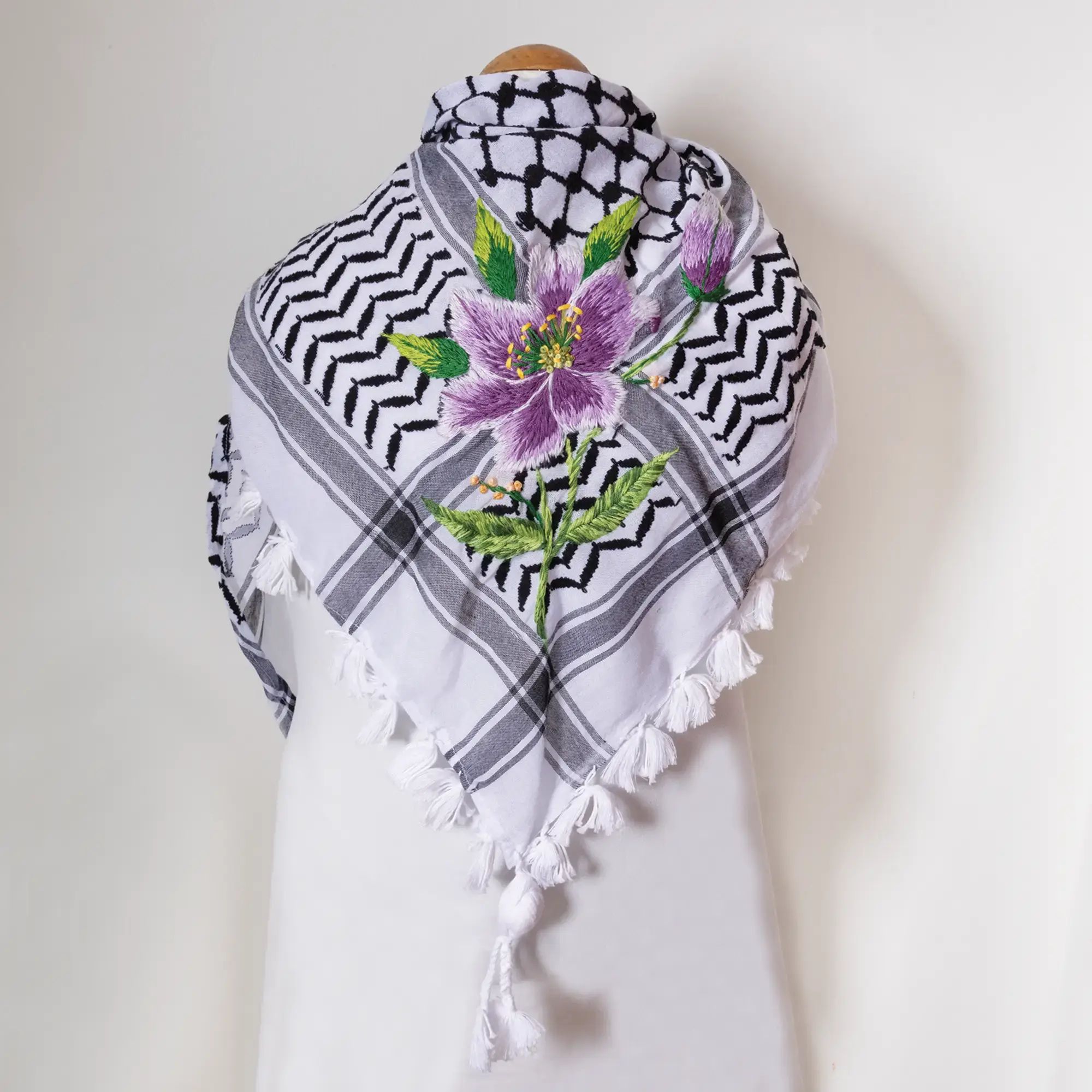 Purple Iris Embroidered Keffiyeh Scarf with Turkish-Stitch Embroidery