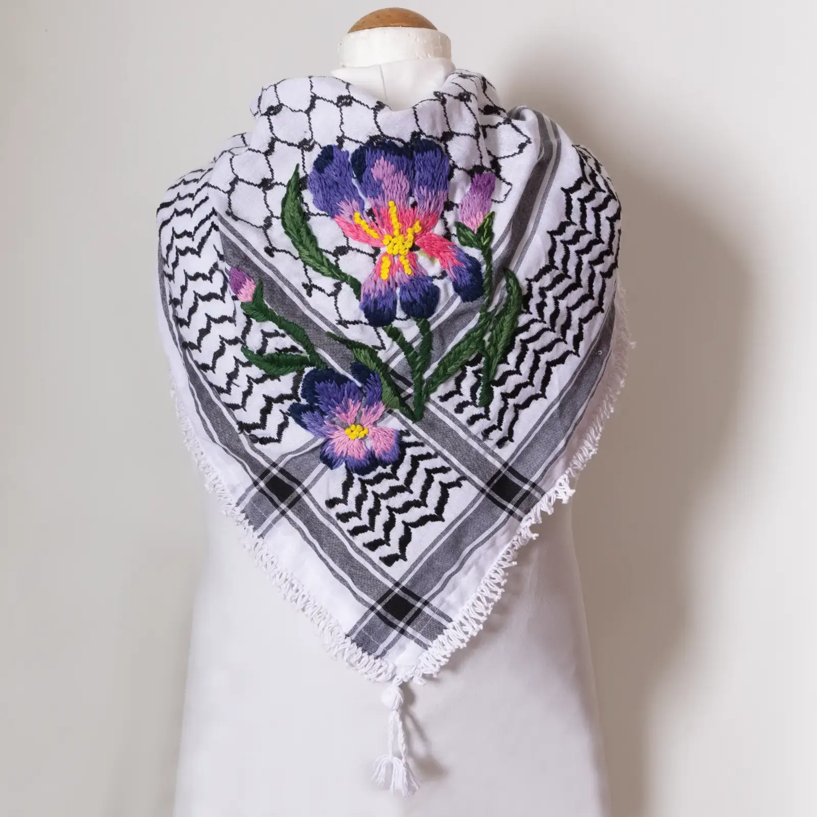 Purple Wildflower Embroidered Keffiyeh Scarf with Turkish-Stitch Embroidery