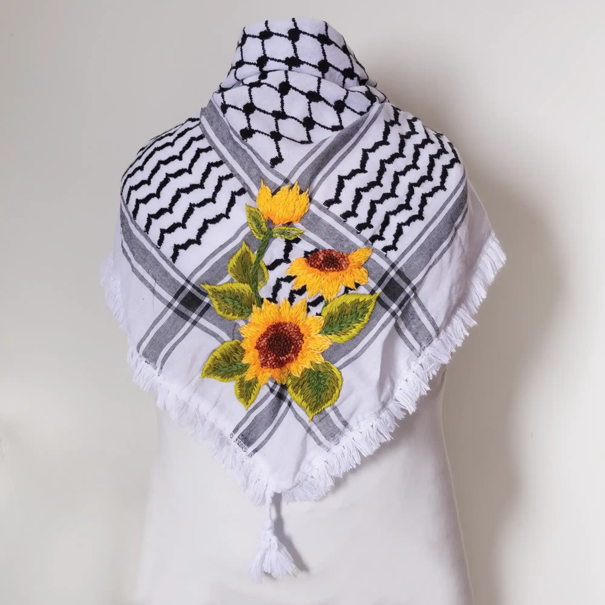 Sunflower Embroidered Keffiyeh Scarf with Turkish-Stitch Embroidery