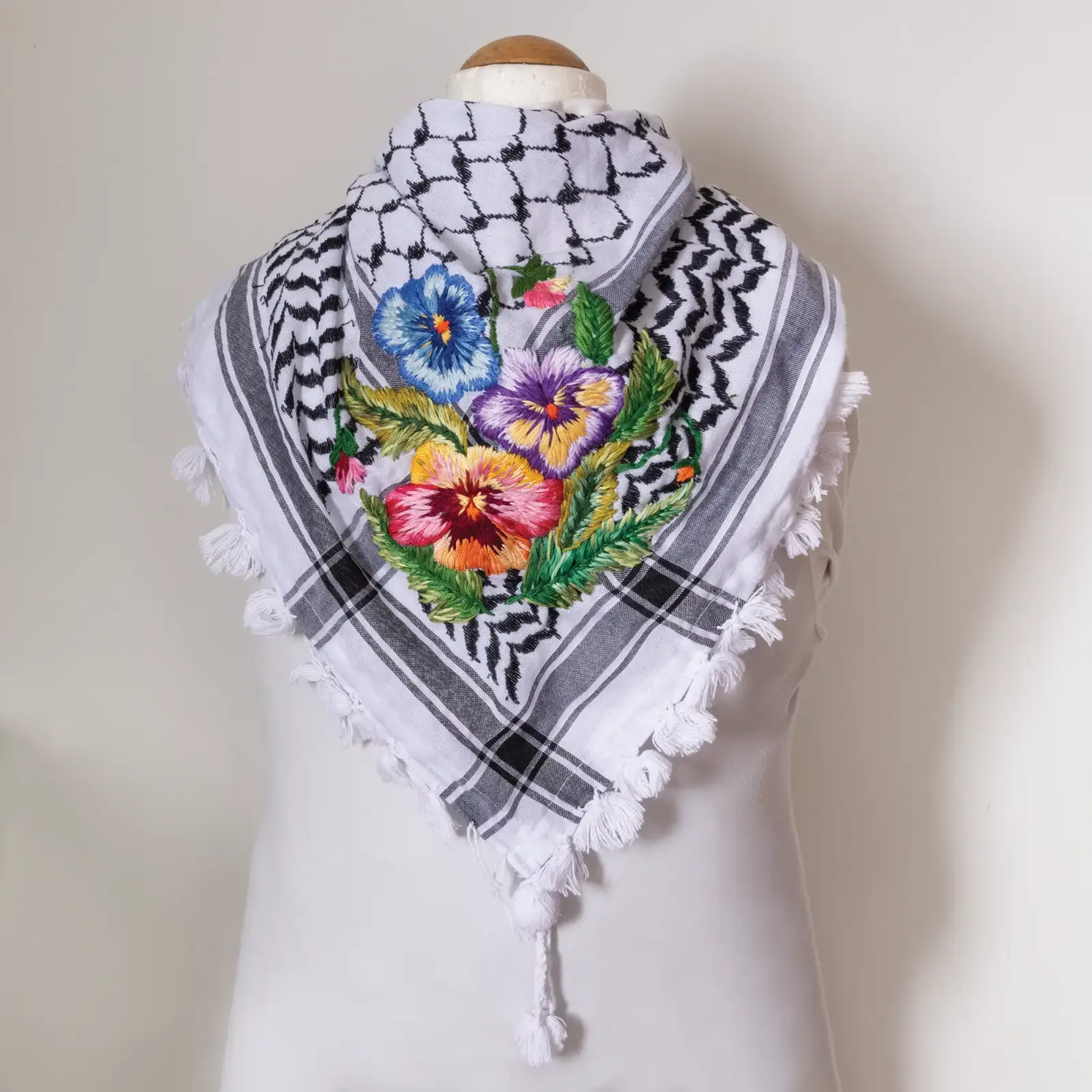 Pastel Floral Embroidered Keffiyeh Scarf with Turkish-Stitch Embroidery
