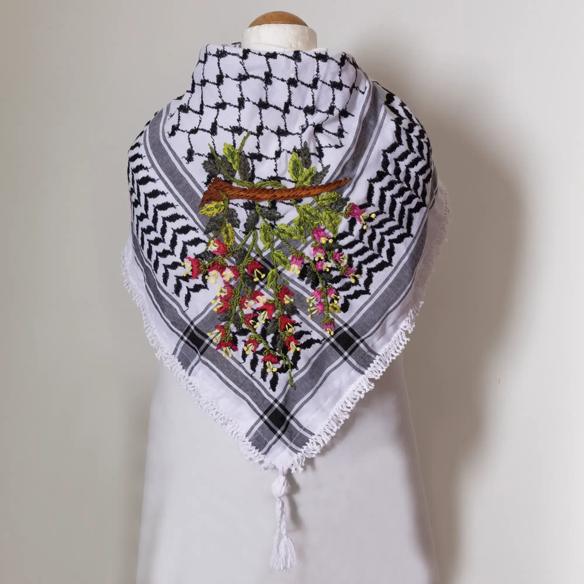 Autumn Floral Embroidered Keffiyeh Scarf with Turkish-Stitch Embroidery