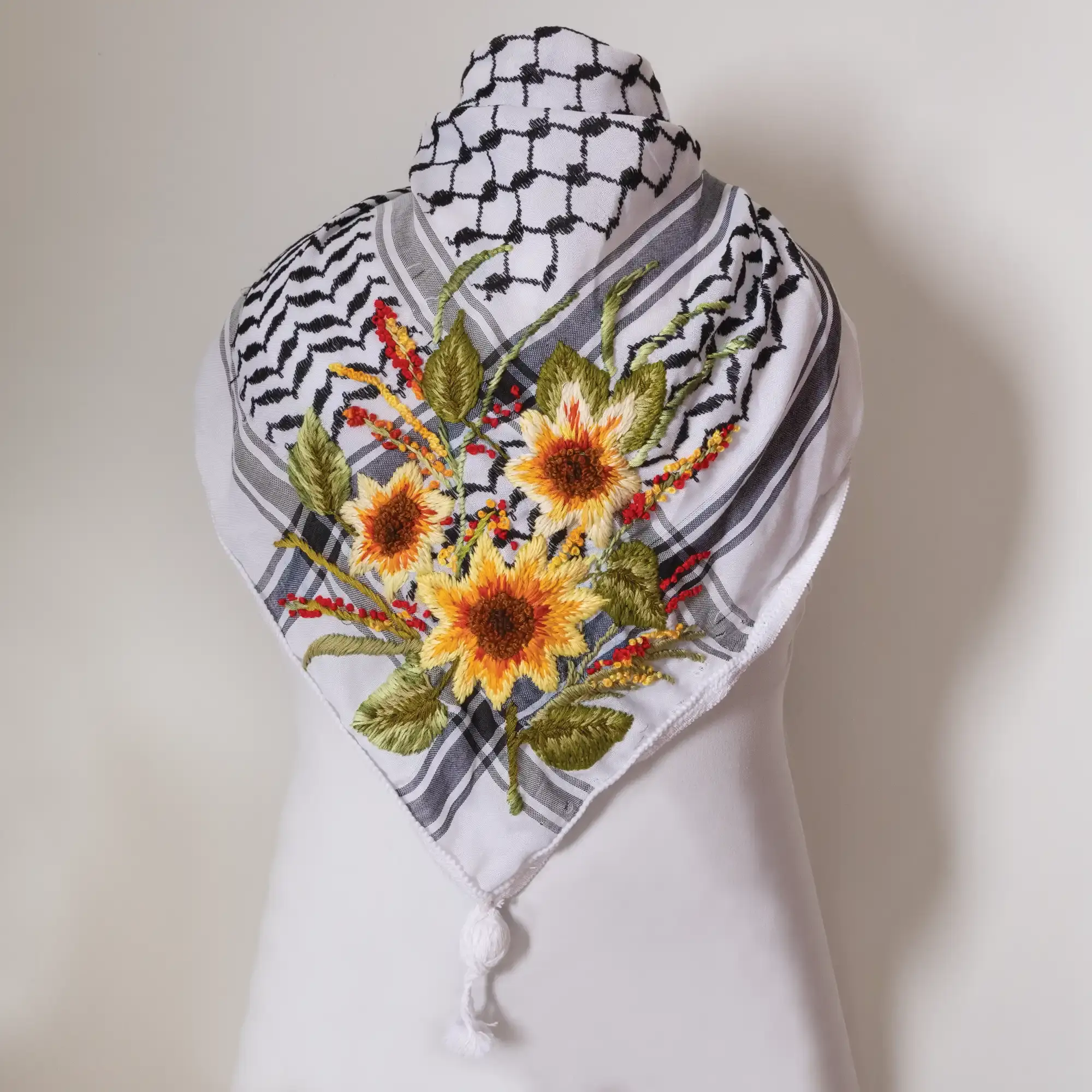 Sunflower Bouquet Embroidered Keffiyeh Scarf with Turkish-Stitch Embroidery