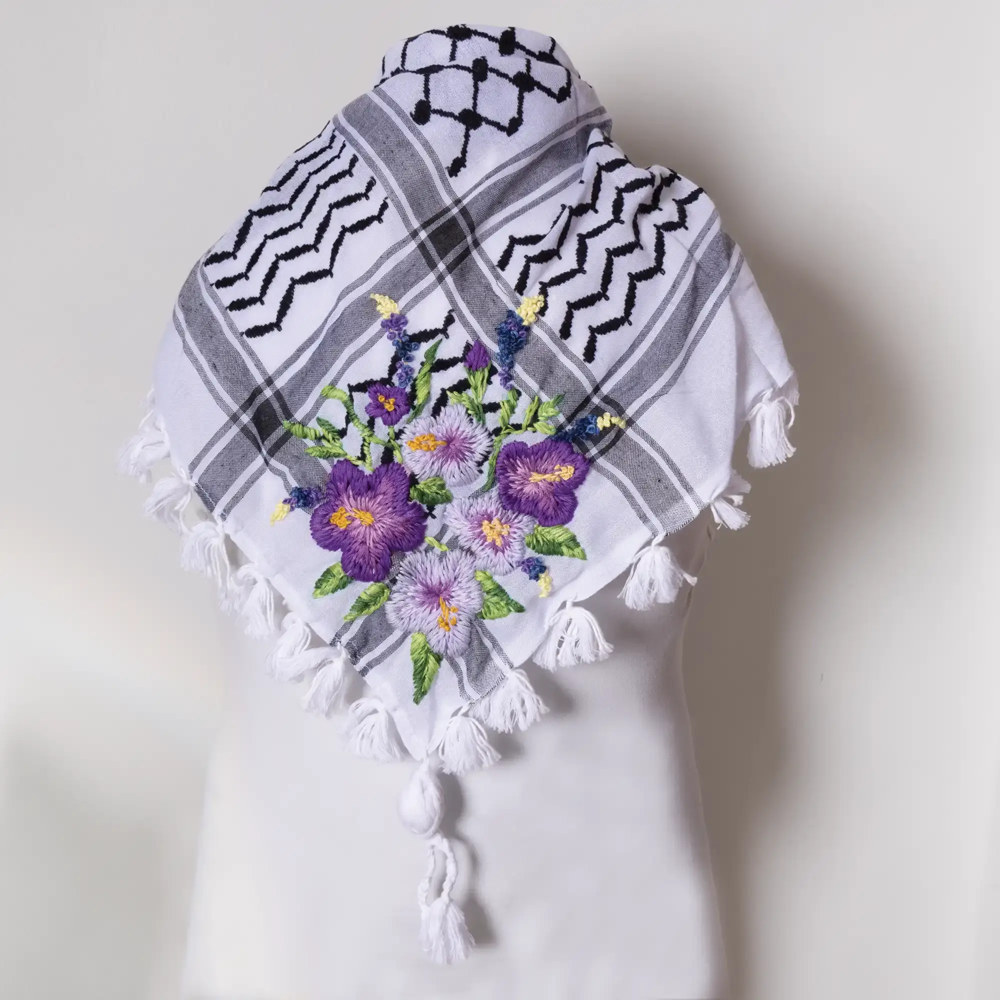 Handcrafted Purple Bouquet Embroidered Keffiyeh Scarf