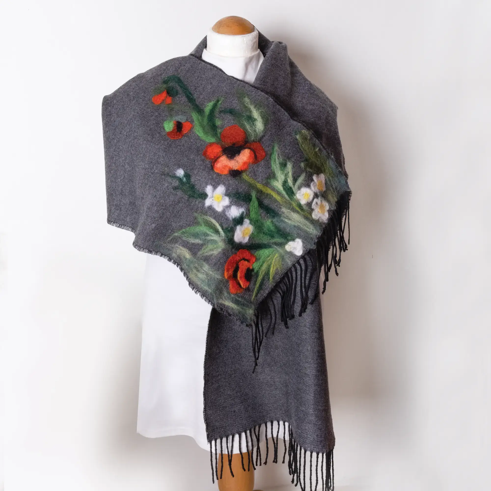 Charcoal Floral Felted Shawl with Wool-Felting Technique