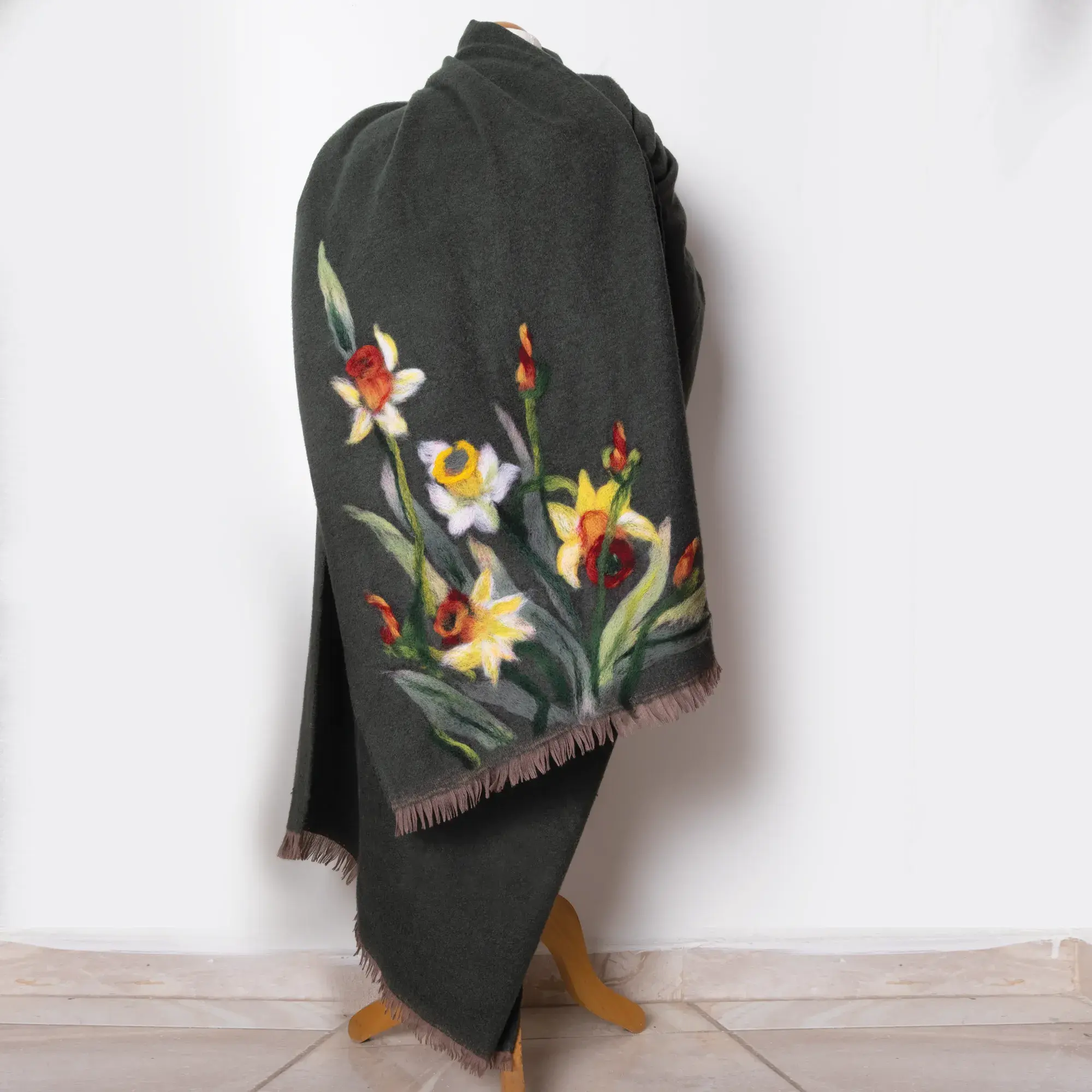 Dark Green Floral Felted Shawl with Wool-Felting Technique