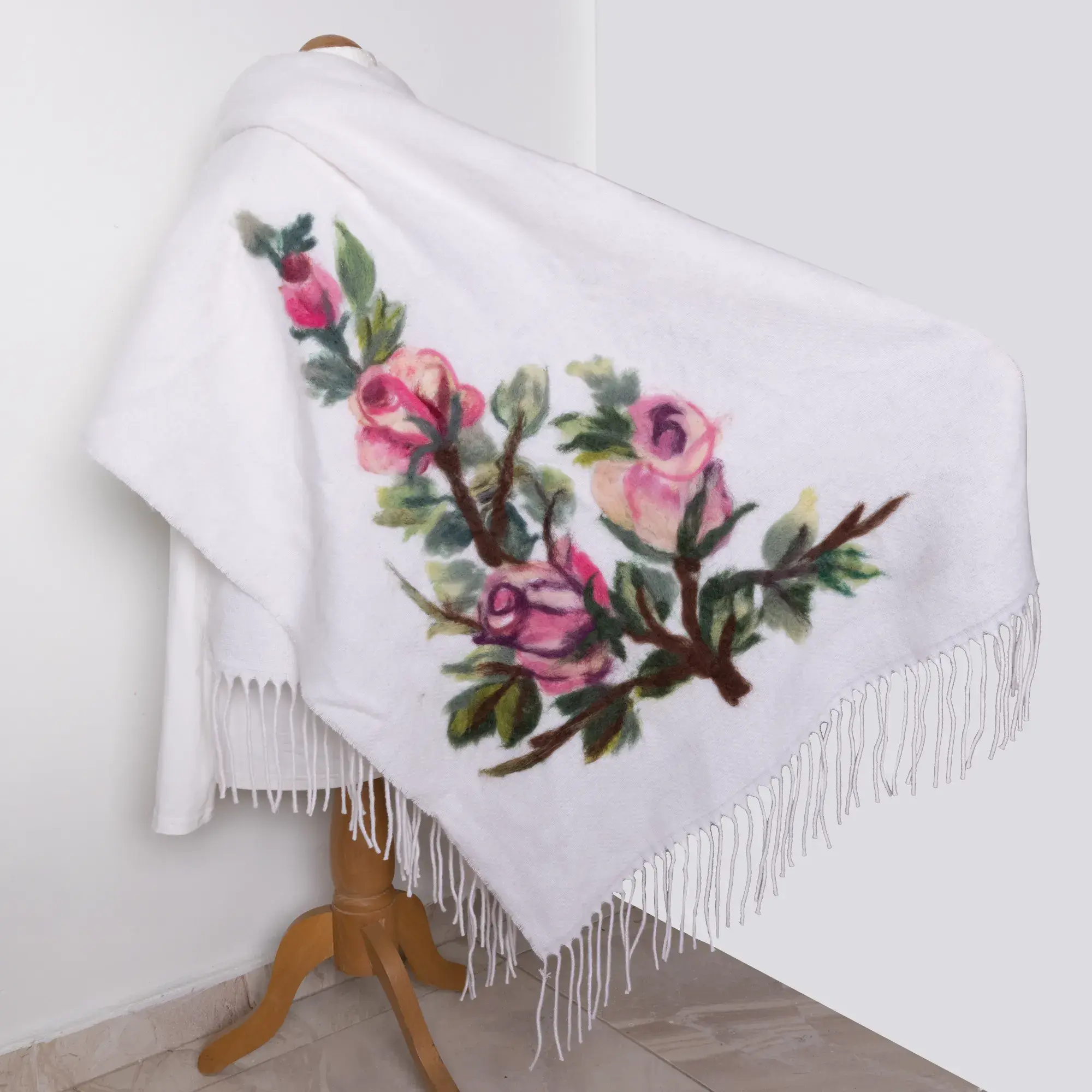 Ivory Rose Felted Shawl with Wool-Felting Technique