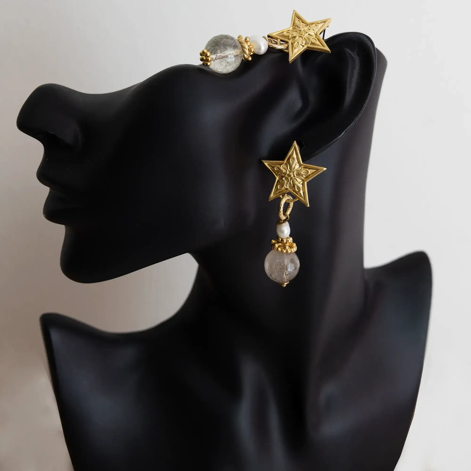 Star Quartz Pearl Earrings with Gold-Plated Details