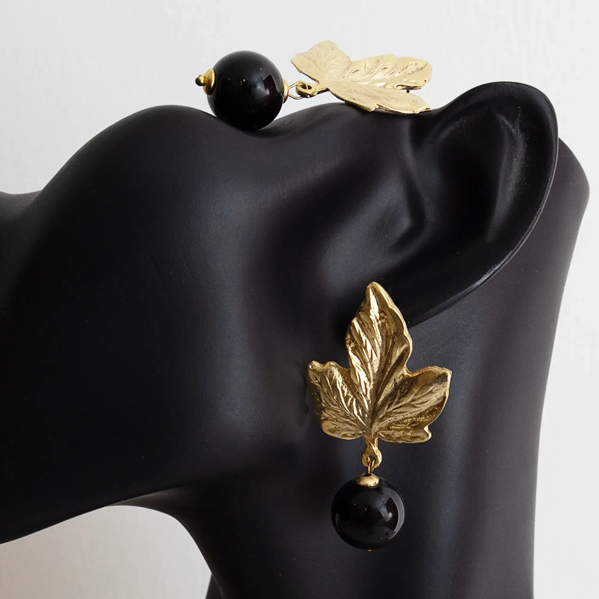 Black Onyx Leaf Earrings with Gold-Plated Details