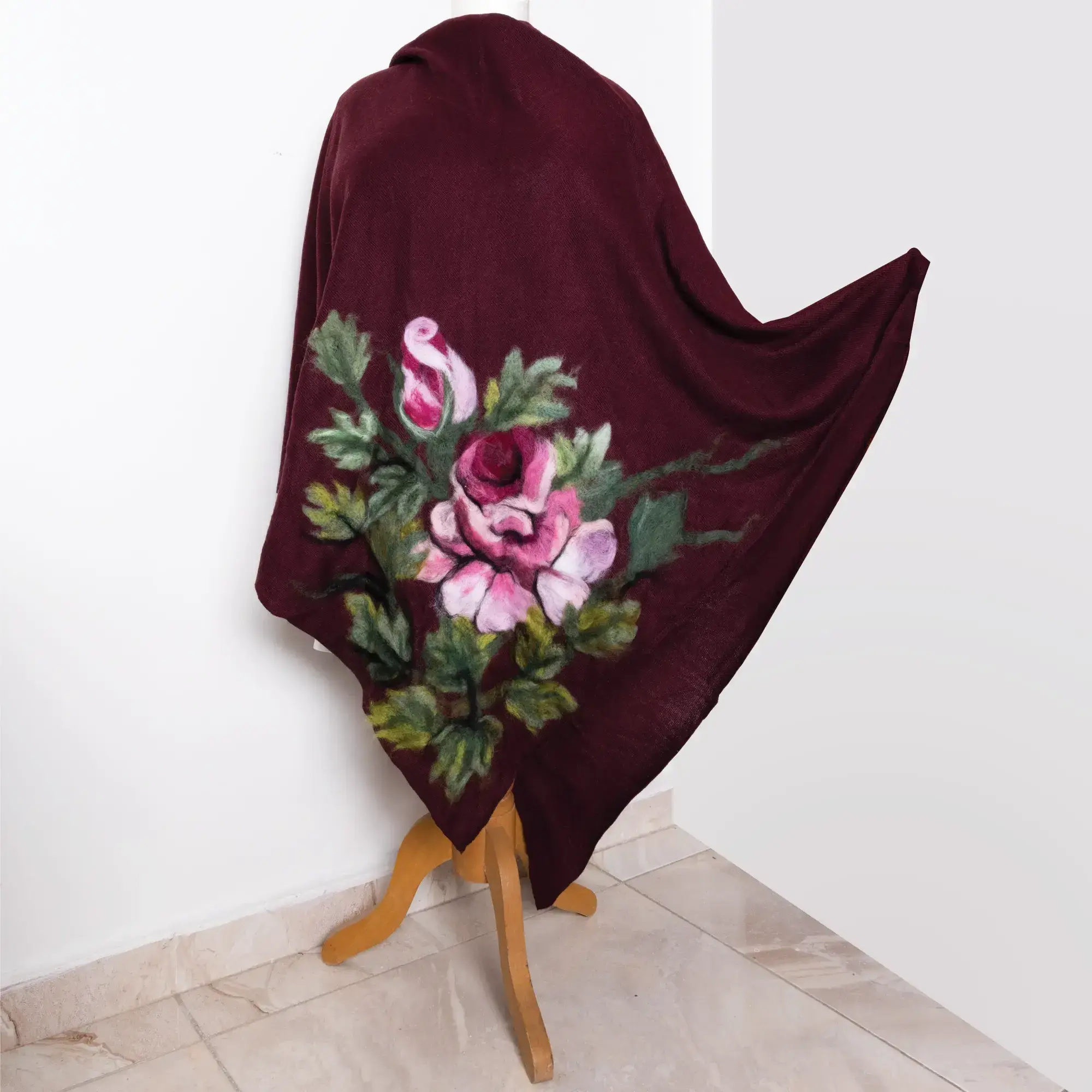 Burgundy Rose Felted Shawl with Wool-Felting Technique