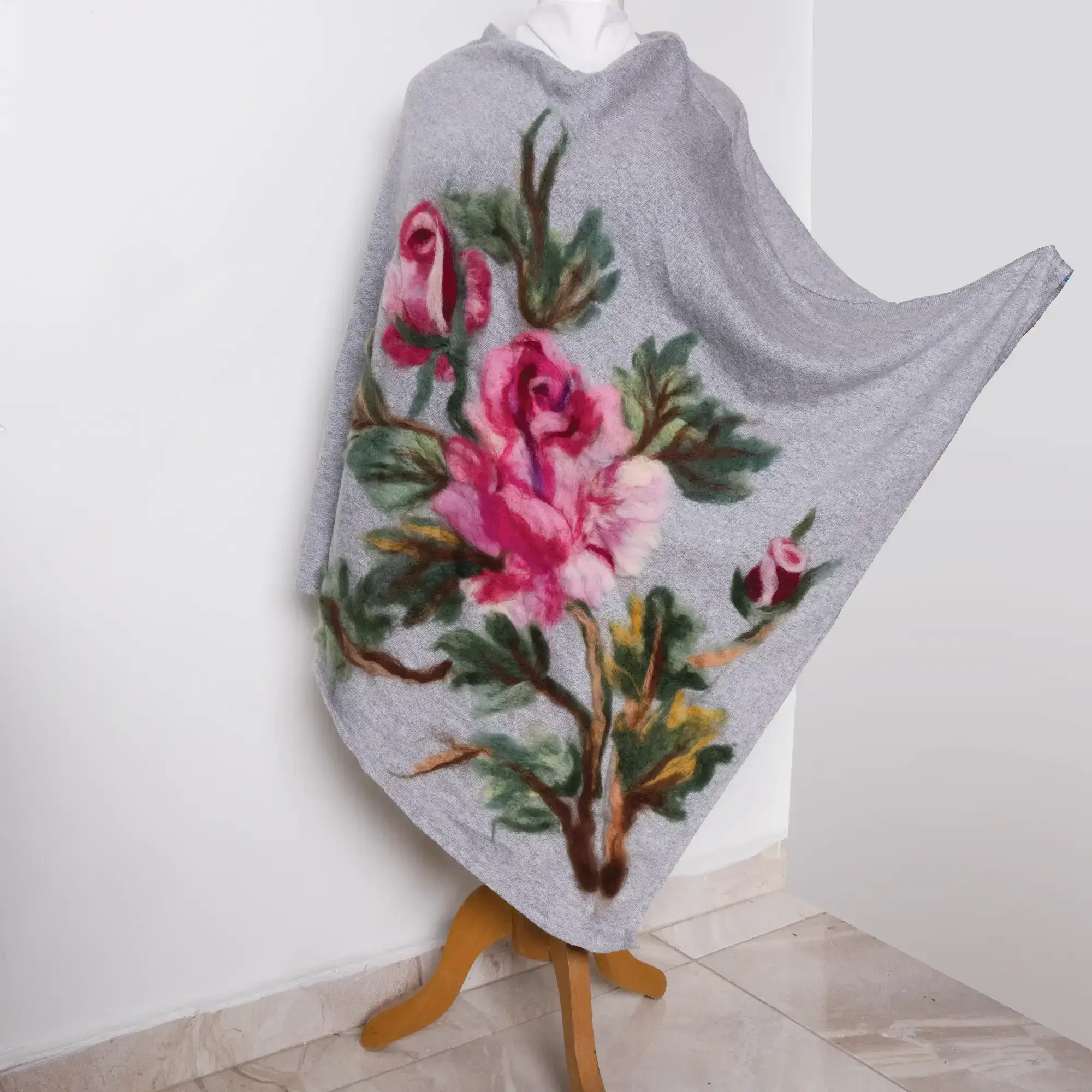 Light Grey Rose Felted Poncho with Wool-Felting Technique