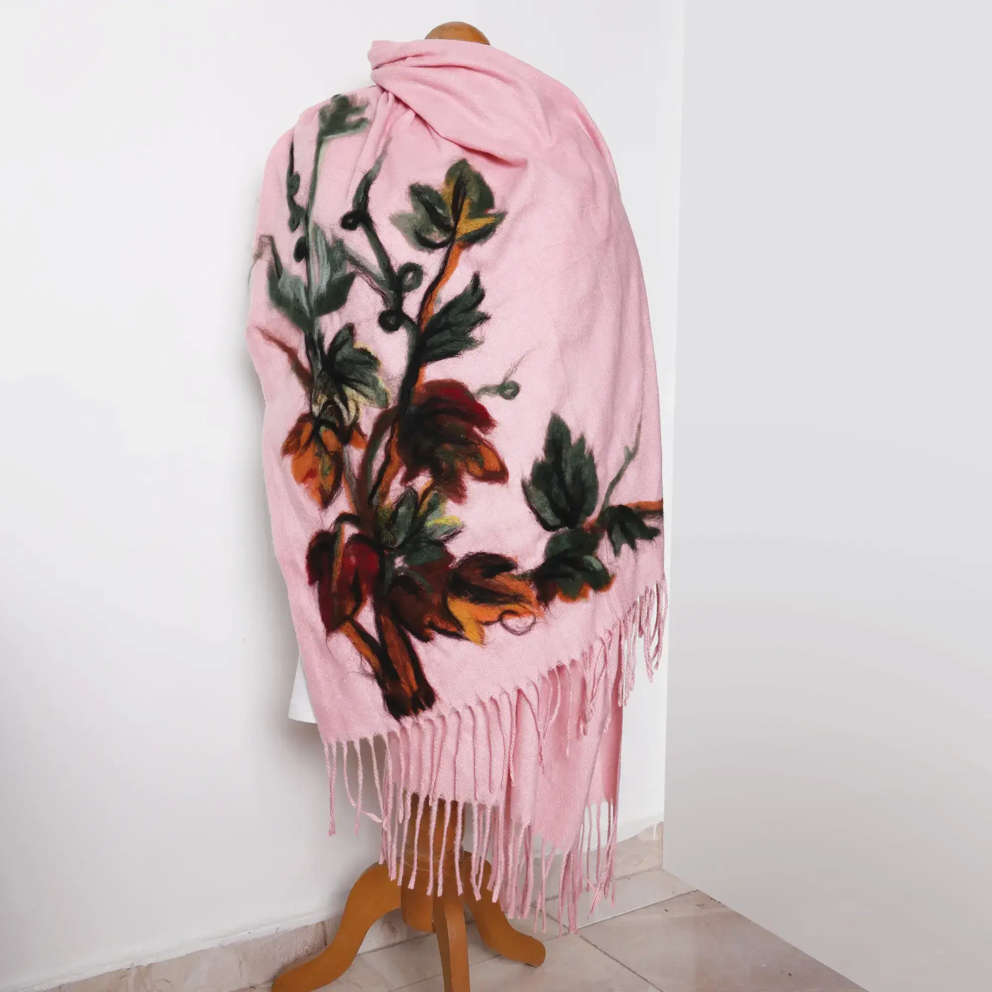 Blush Pink Floral Felted Shawl with Wool-Felting Technique