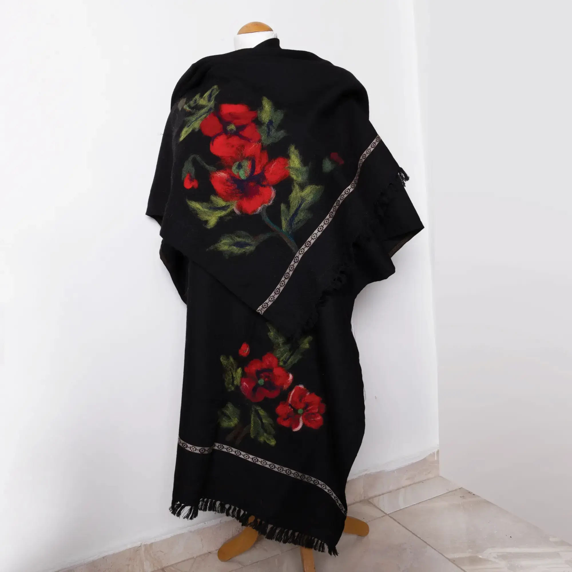 Black Red Floral Double-End Felted Shawl with Wool-Felting Technique
