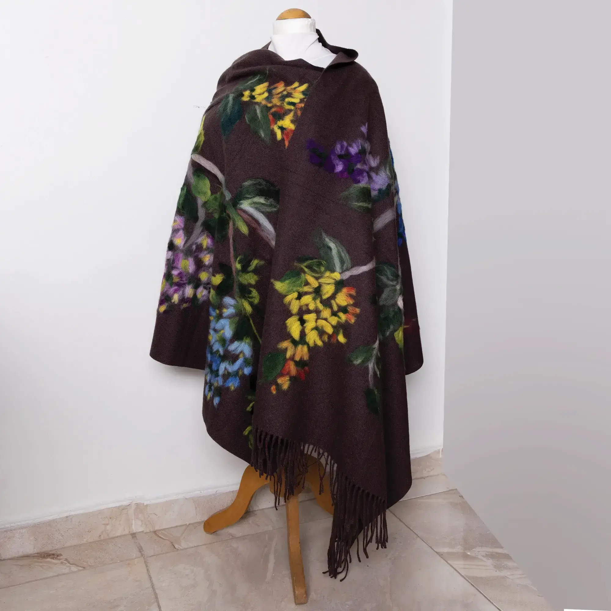 Brown Multicolor Full Felted Shawl with Wool-Felting Technique