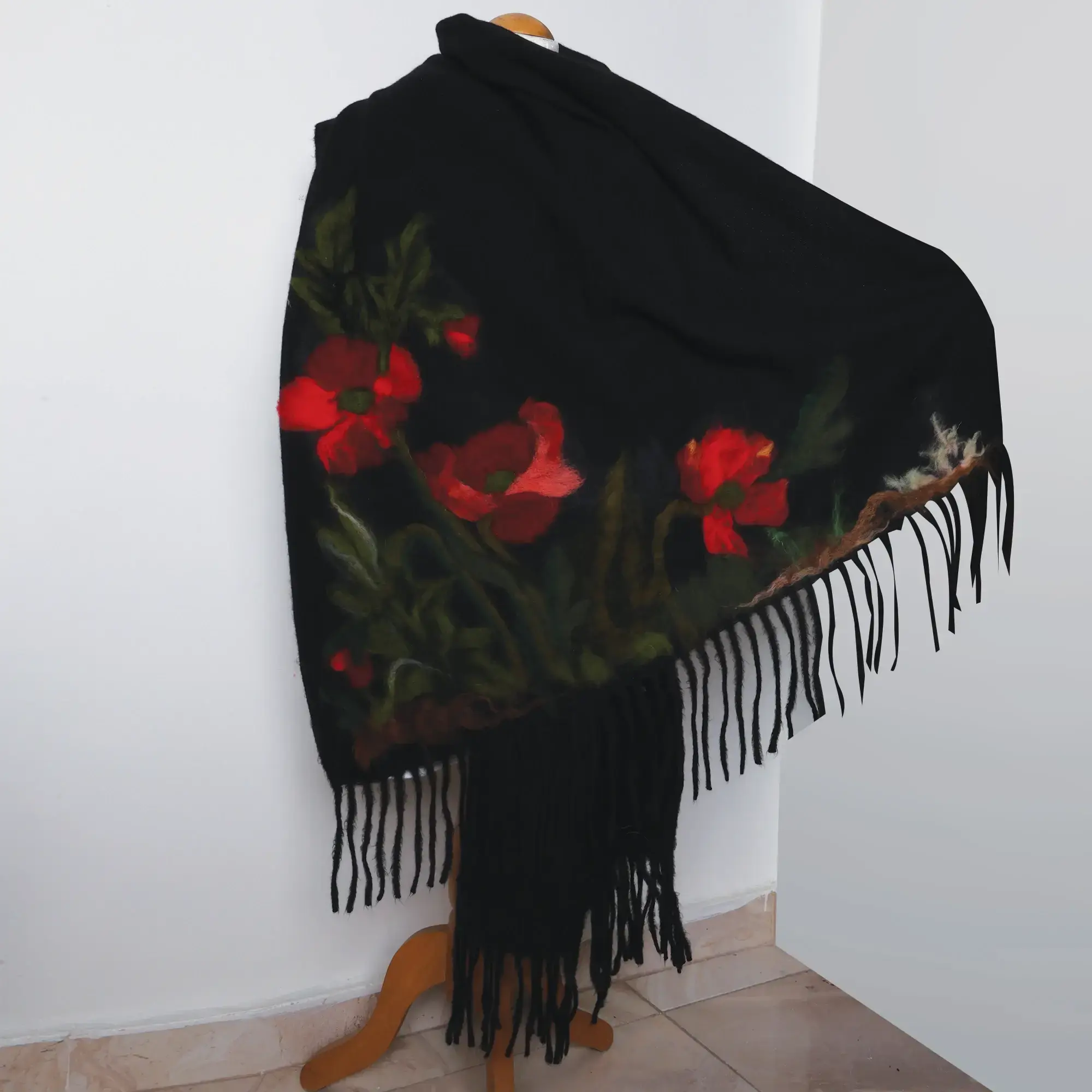 Black Red Poppy Felted Shawl with Wool-Felting Technique