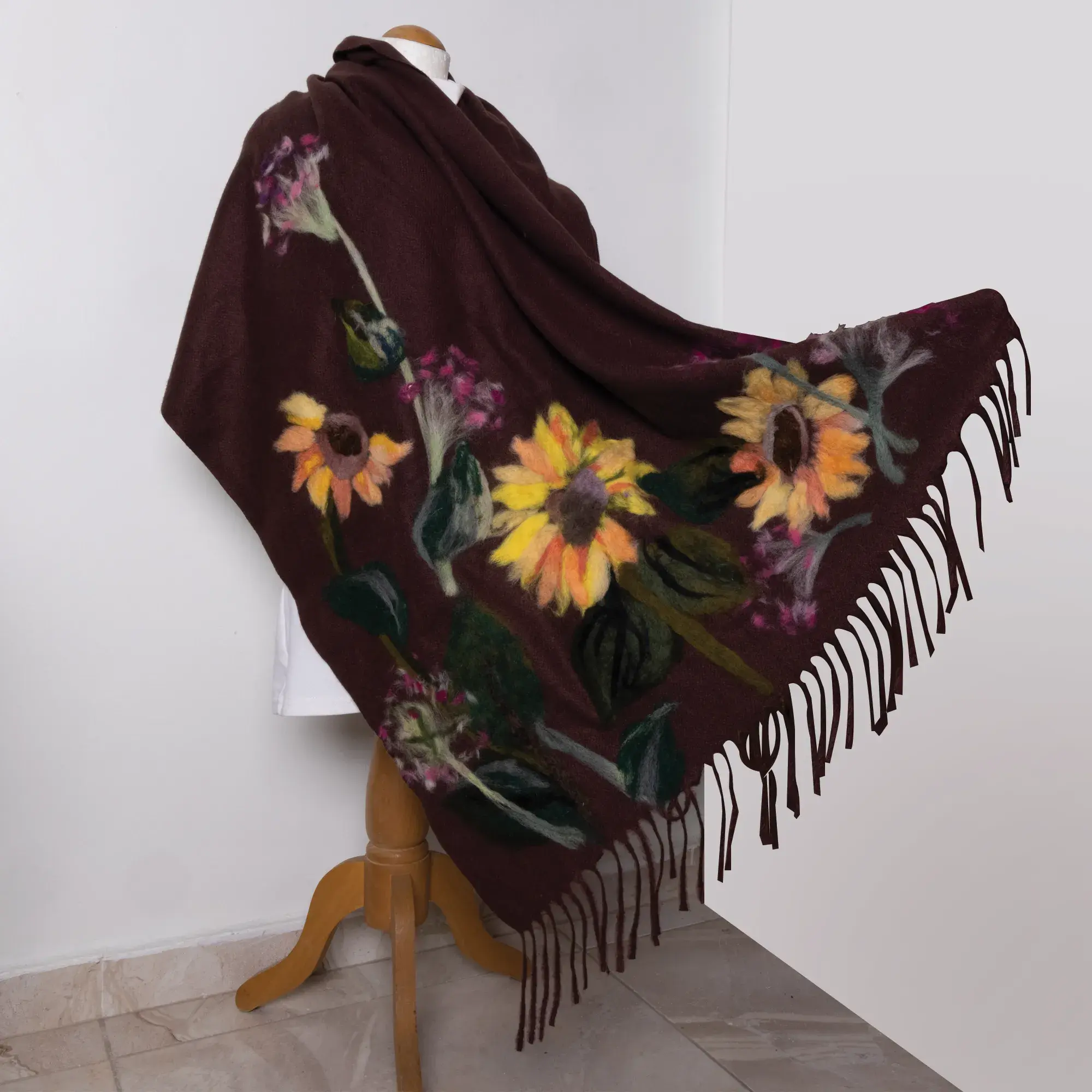 Burgundy Sunflower Felted Shawl with Wool-Felting Technique