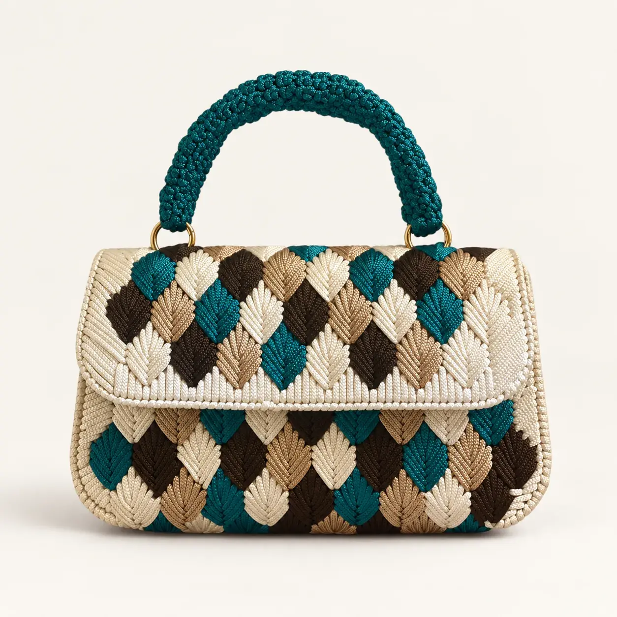 Brown Teal and Beige Wheat-Stitch Handbag with Crochet Handle