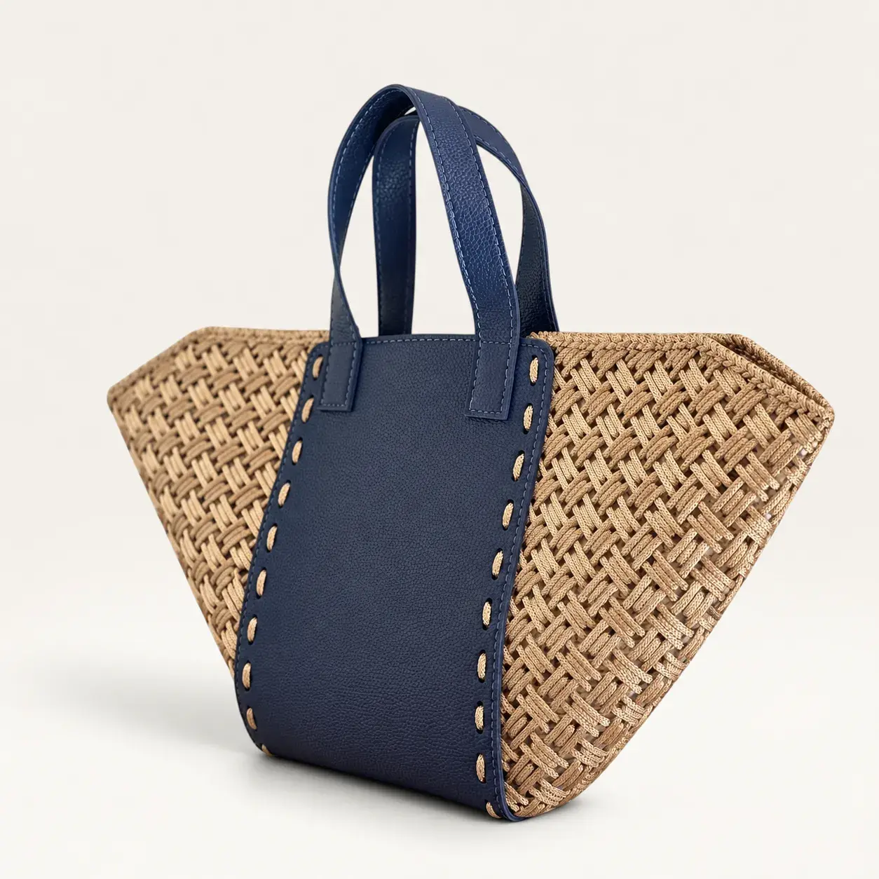Hand-Embroidered Navy and Beige Leather Tote Bag