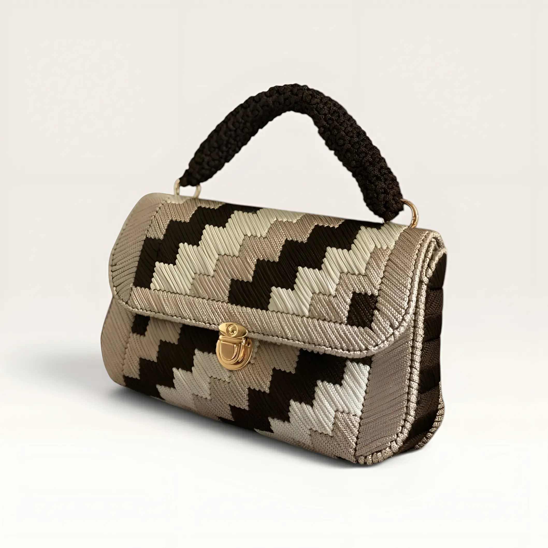 Beige and Brown Geometric Crochet Handbag with Flap
