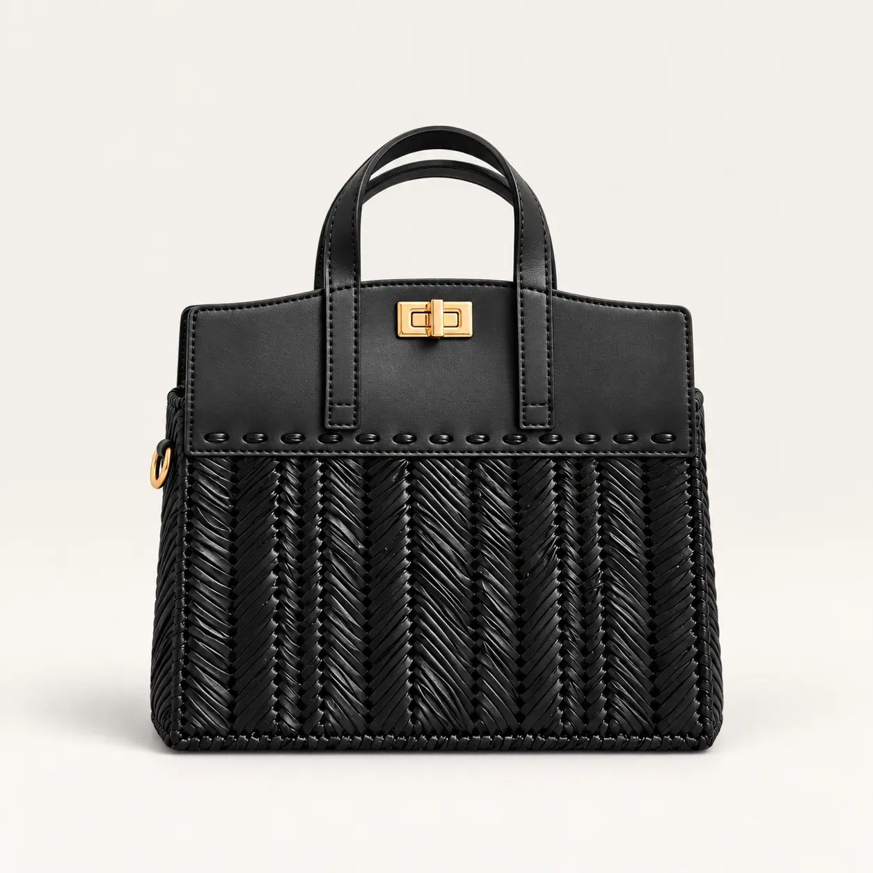 Black Hand-Embroidered Handbag with Gold Buckle and Strap