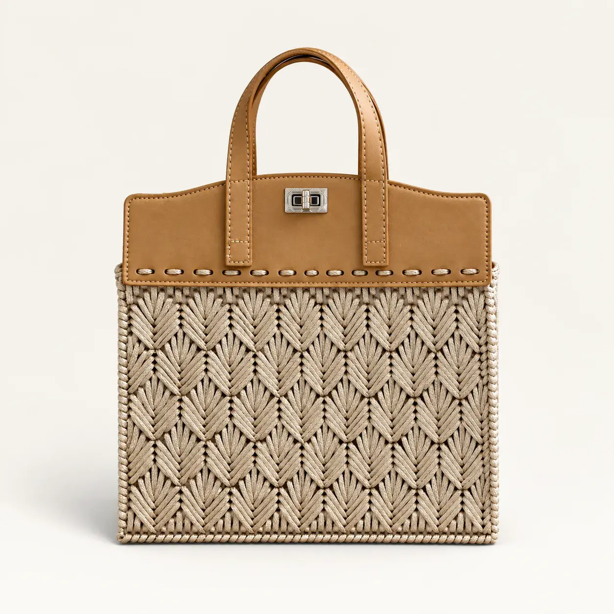 Beige Hand-Embroidered Tote Bag with Leather Handles