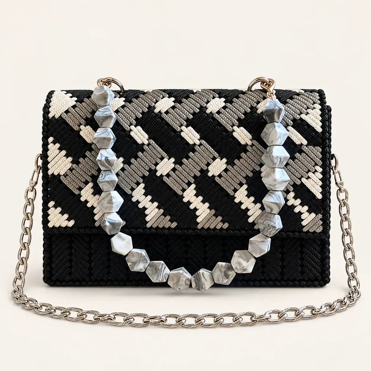 Black White and Gray Handbag with Matching Long Strap