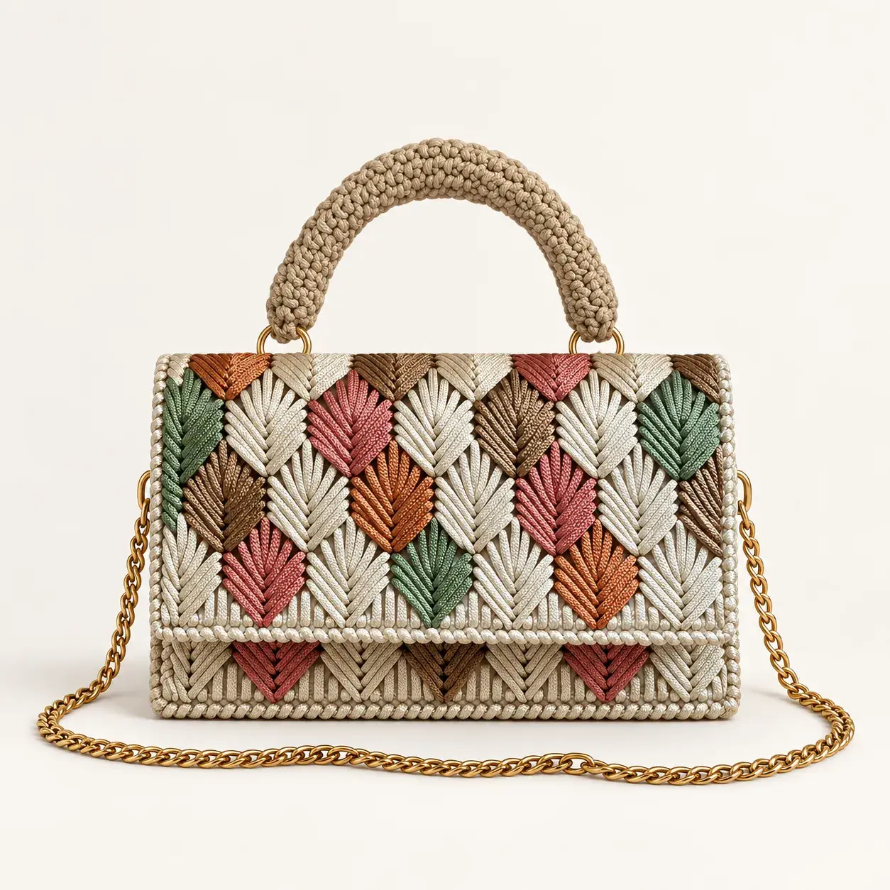 Beige Multicolor Wheat-Stitch Handbag with Gold Chain Strap
