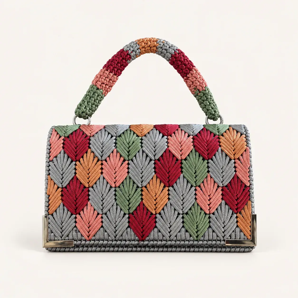 Gray Multicolor Wheat-Stitch Handbag with Crochet Handle