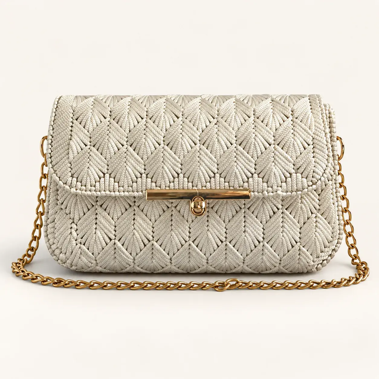 White Hand-Embroidered Clutch Bag with Gold Chain Strap