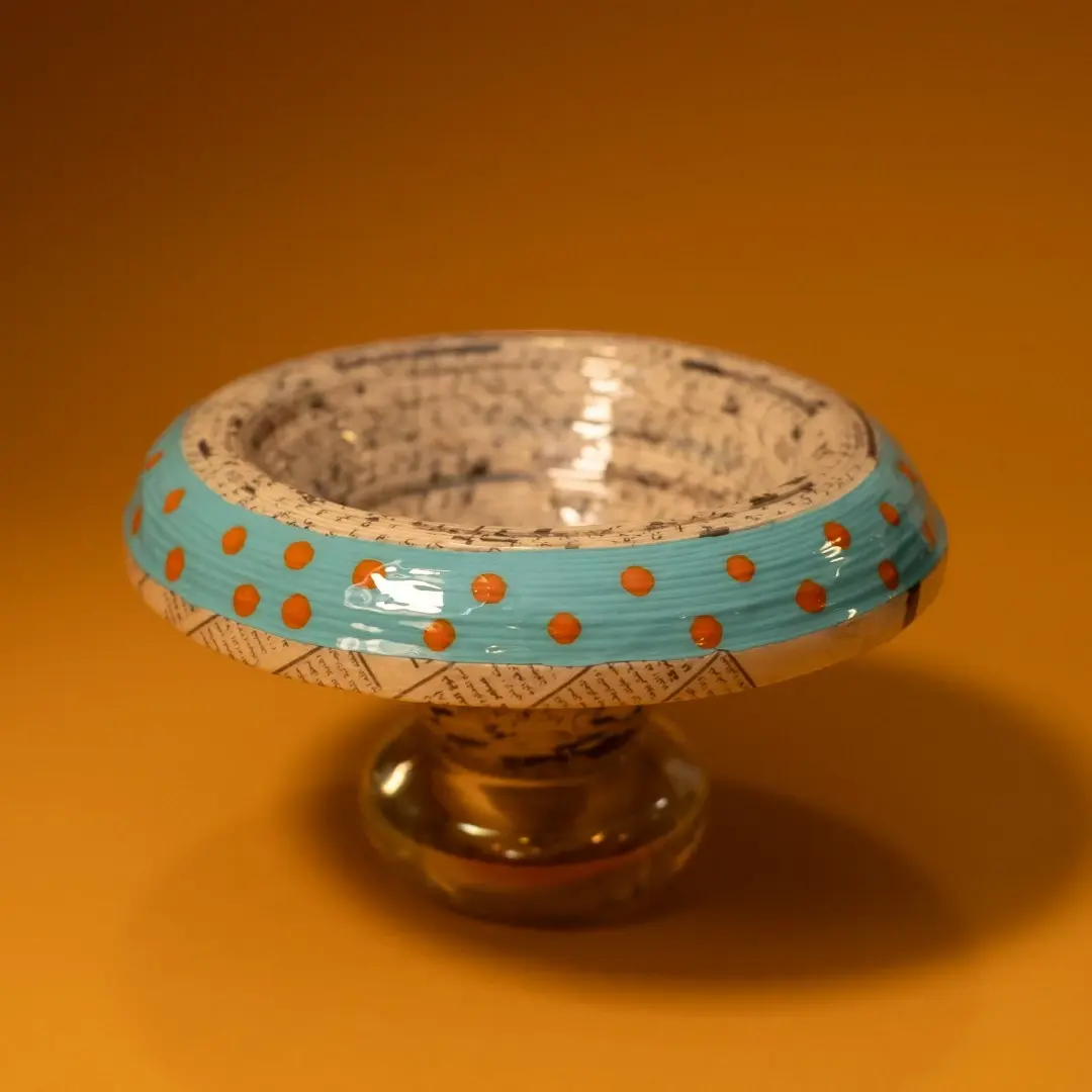 Turquoise Polka Dot Recycled Newspaper Pedestal Dish 12 cm Height x 12 cm Diameter