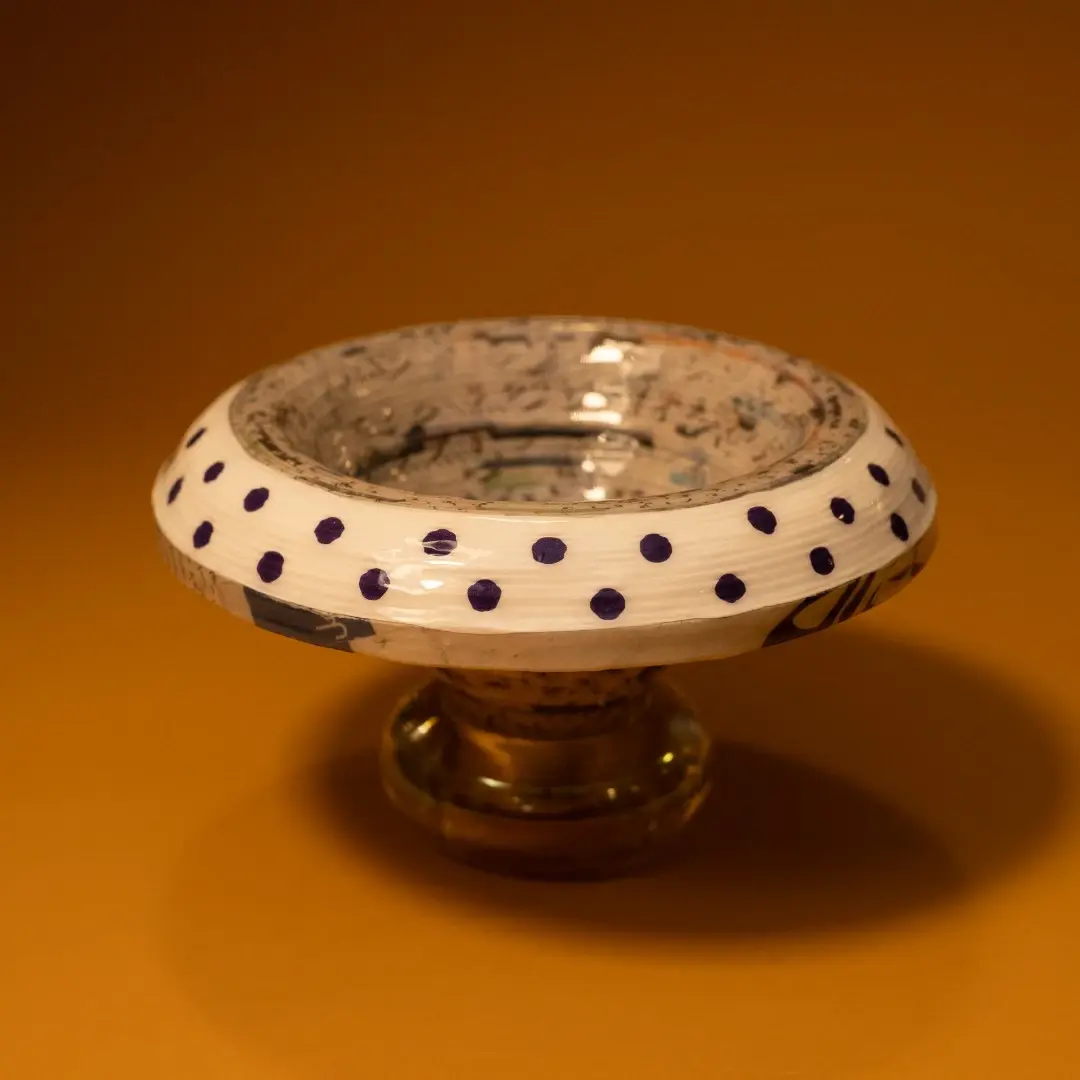 Ivory Polka Dot Recycled Newspaper Pedestal Dish 12 cm Height x 12 cm Diameter