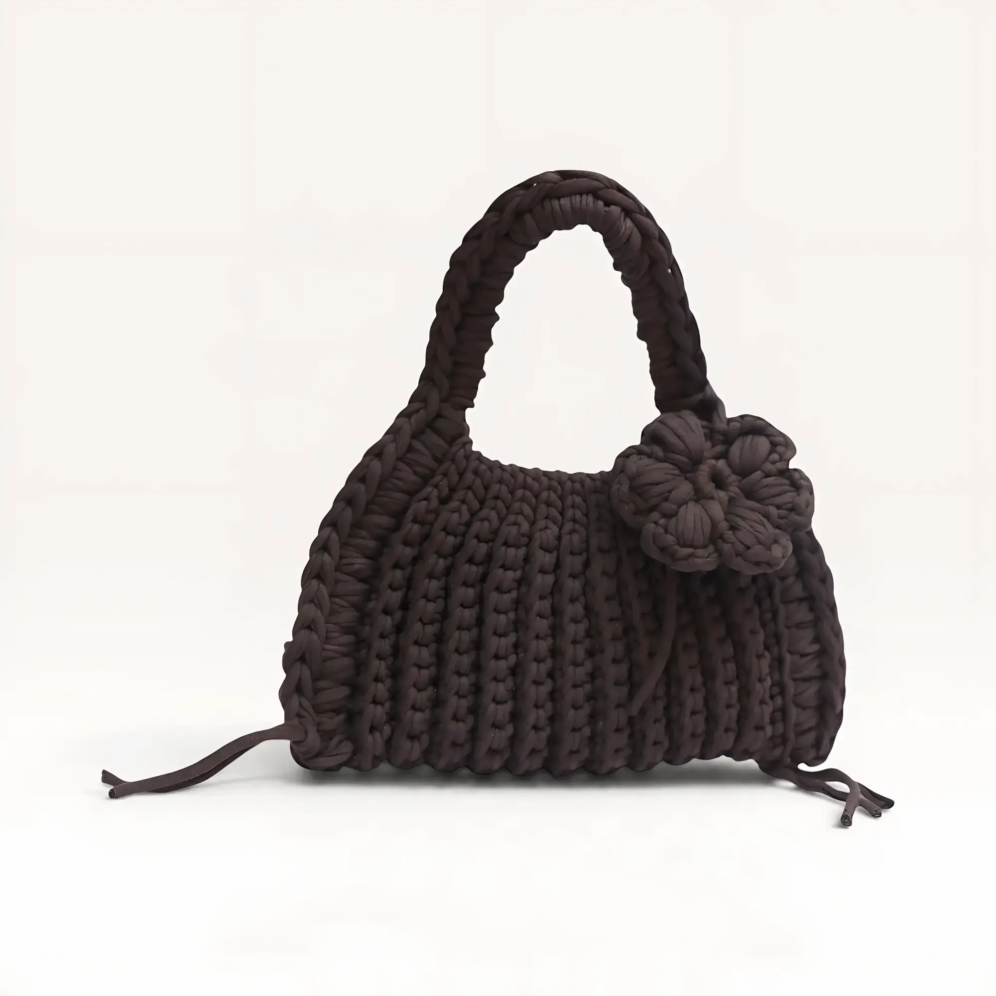 Black Crochet bag with Flower Charm – 30x33x13 cm – 36 cm Handle
