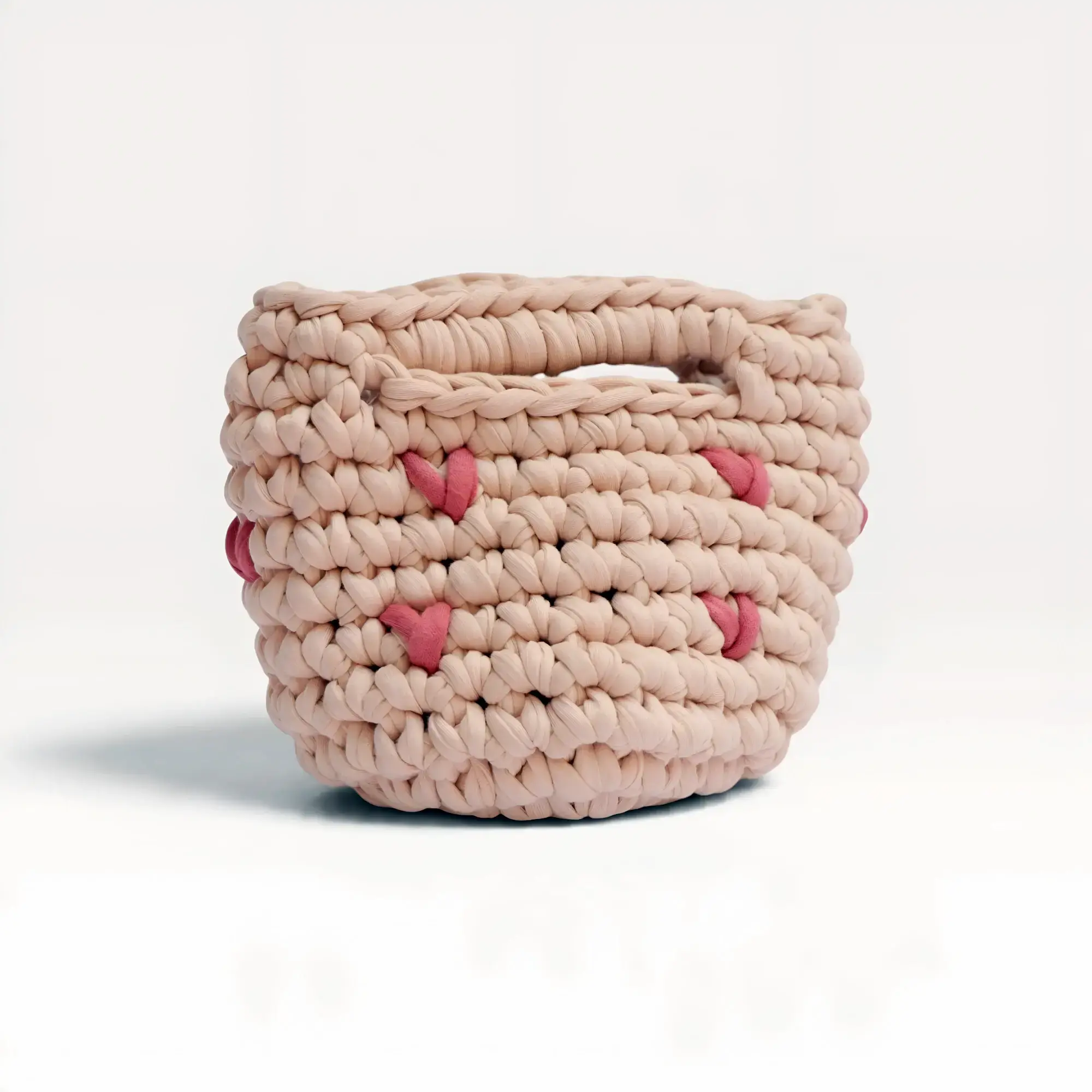 Cream Crochet Bag with Pink Hearts – 15x12 cm – 60 cm Strap