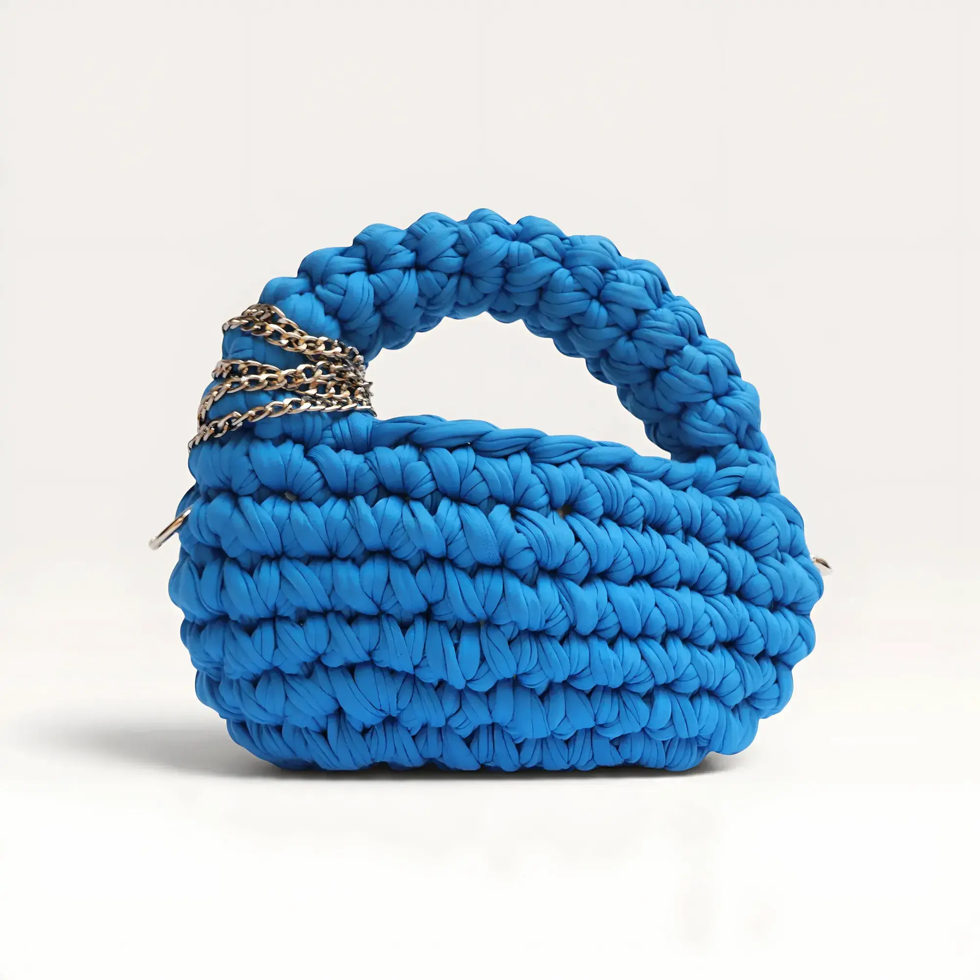 Blue Fluffy Crochet Handbag with Chain – 25x22 cm – 30 cm Handle