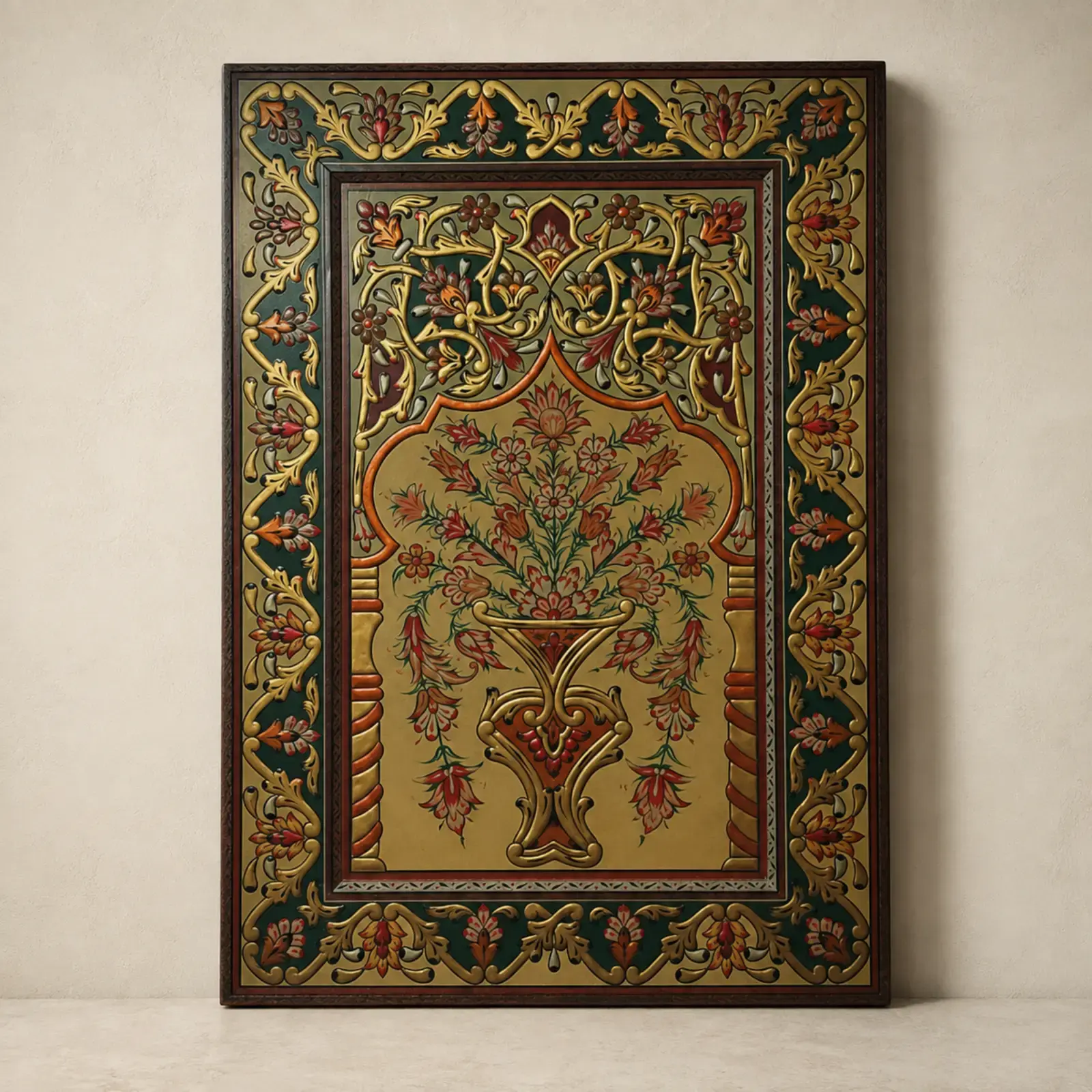 Floral Vase Arabesque Wooden Wall Art in Green & Gold – 104x74 cm
