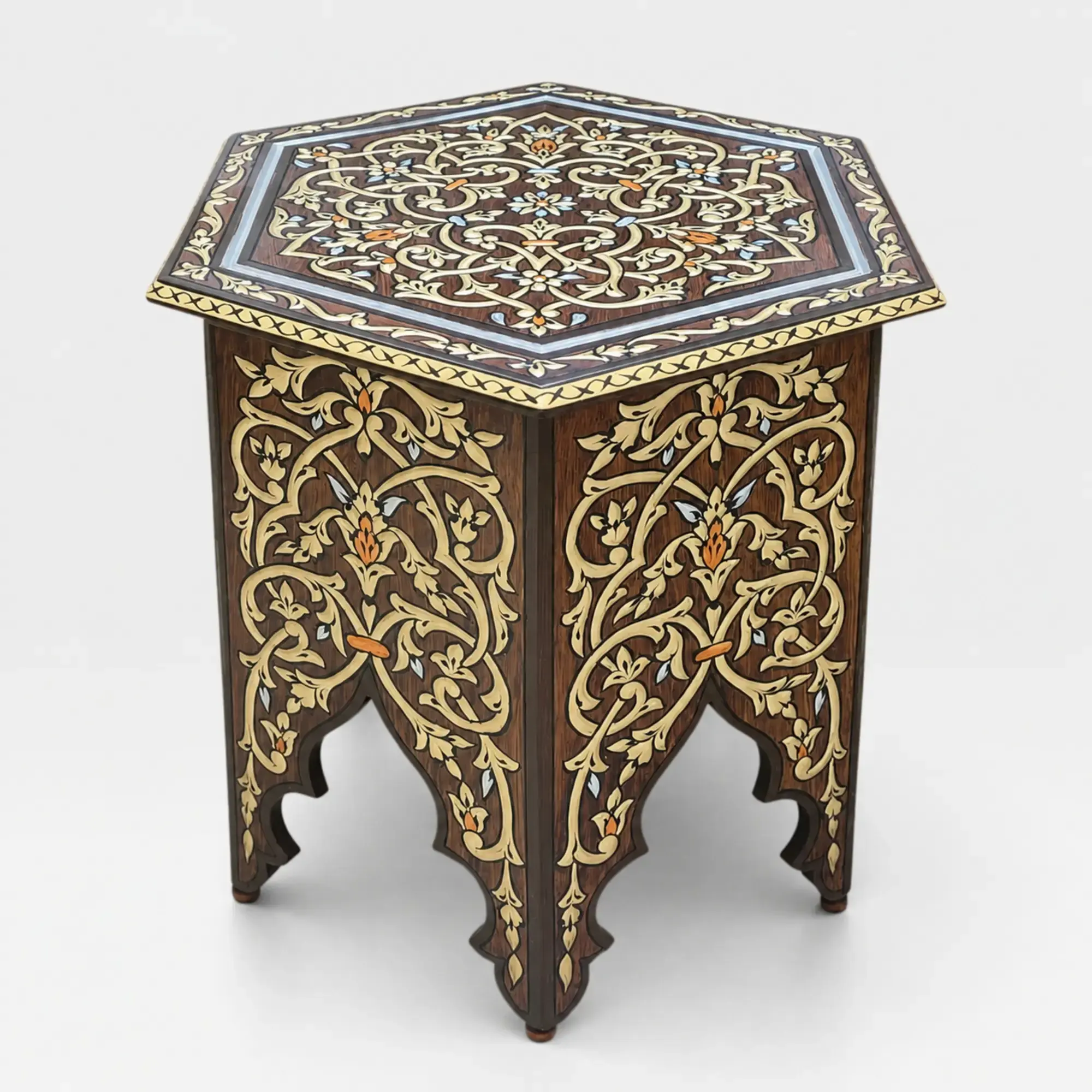 Dark Wood & Gold Hexagonal Arabesque Side Table – 45x45x45 cm