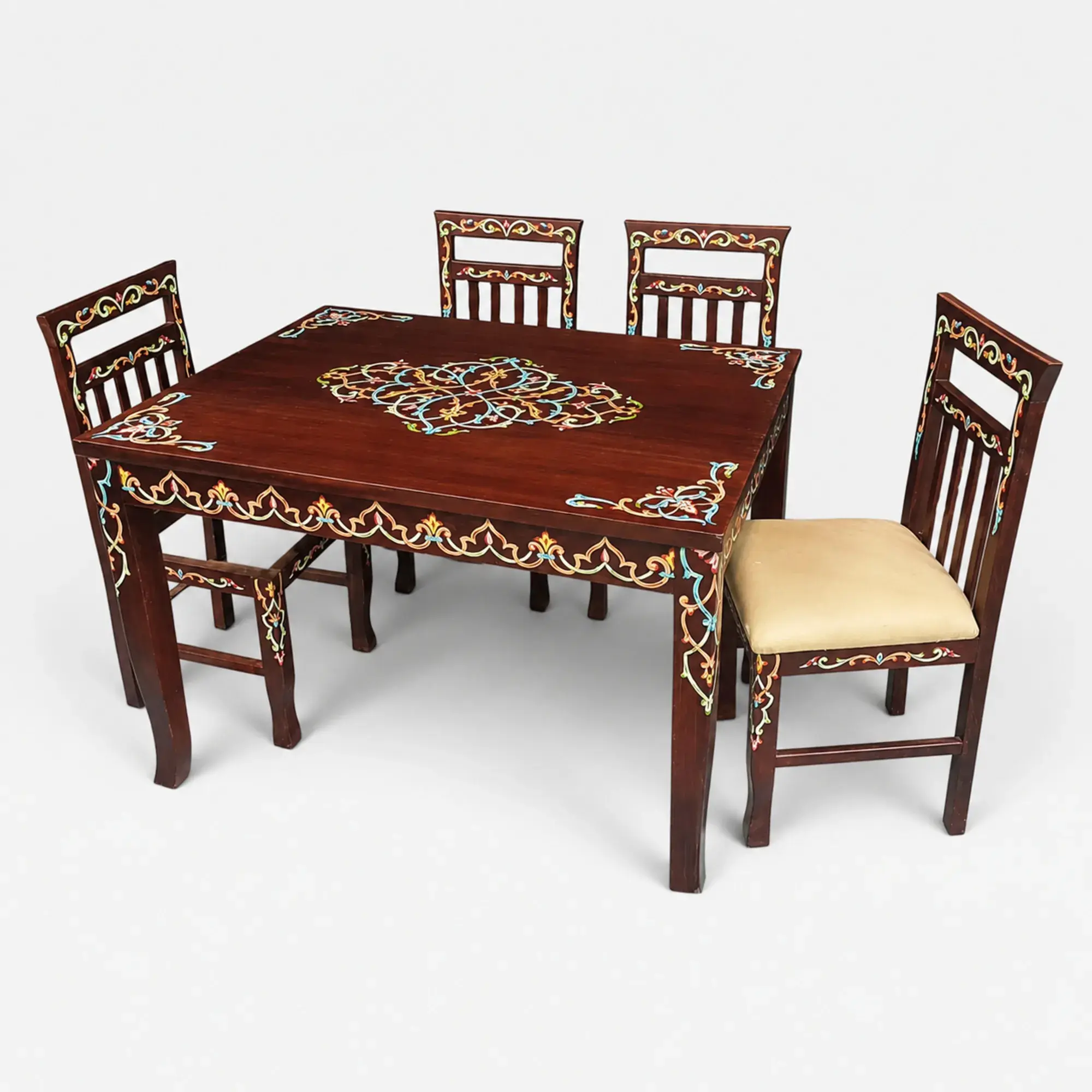 Hand-Painted Arabesque Dining Table with 4 Chairs – 90x120x80 cm
