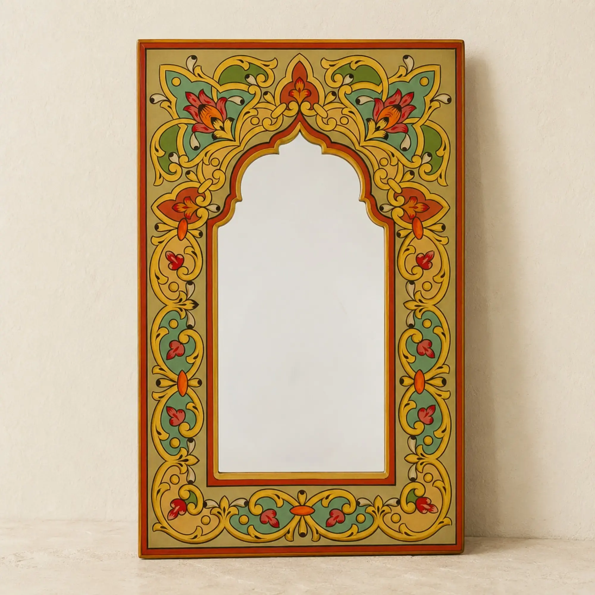 Arched Mihrab Arabesque Wall Mirror in Mustard & Sage – 70x45 cm